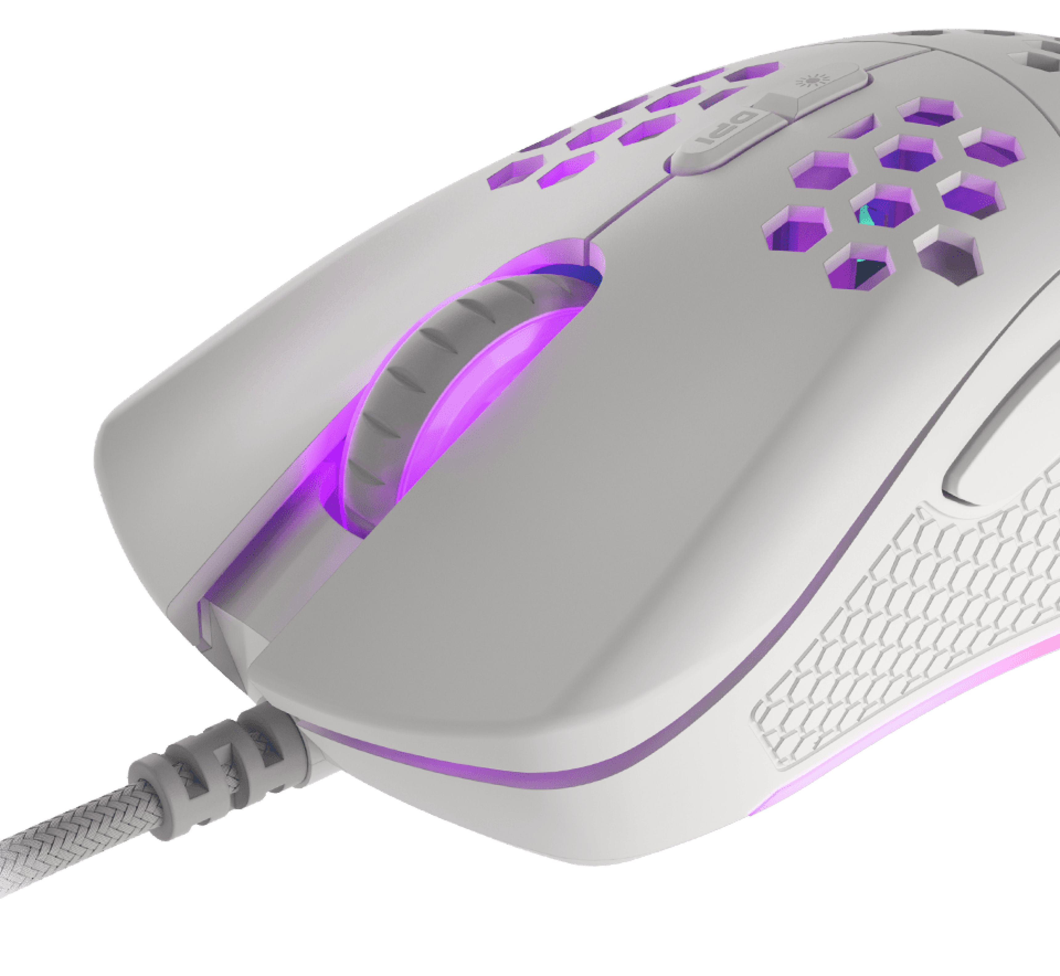 White RGB gaming mouse with programmable features, featuring a honeycomb design and a brightly lit scroll wheel