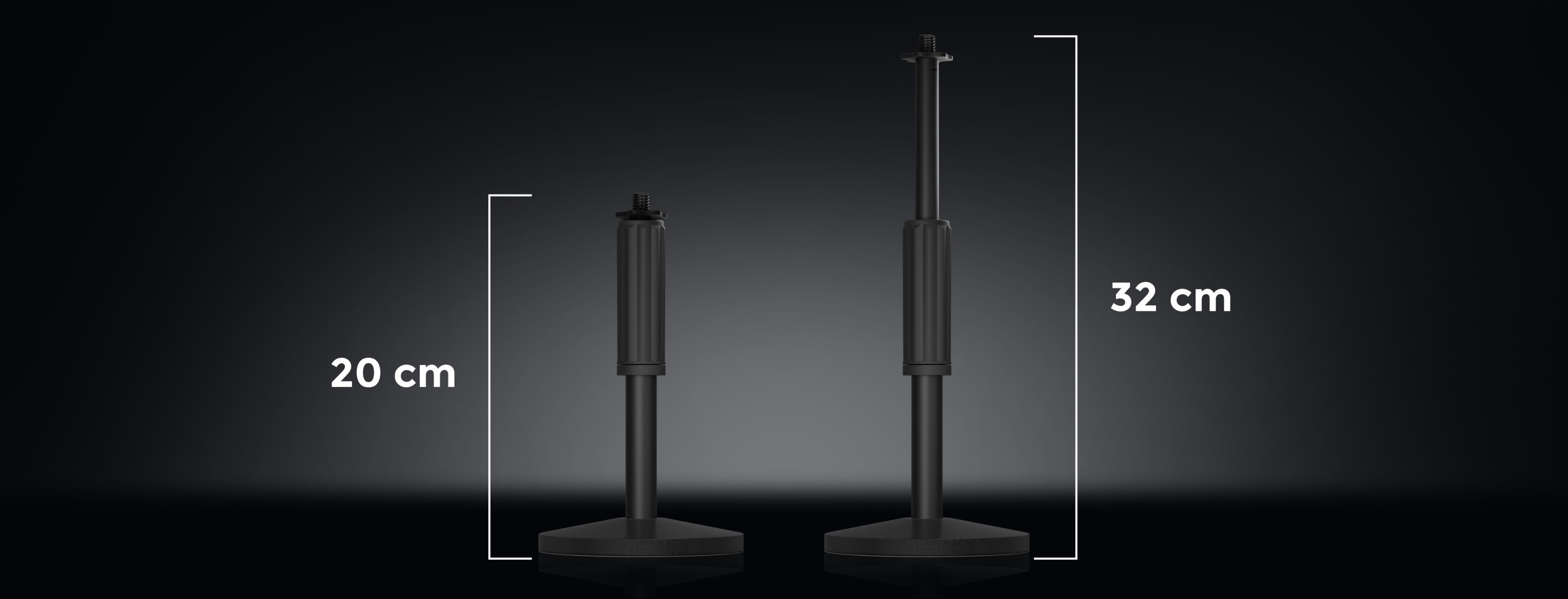 Microphone stand Genesis Thulium 350D shown in two height settings, 20 cm and 32 cm, on a dark background