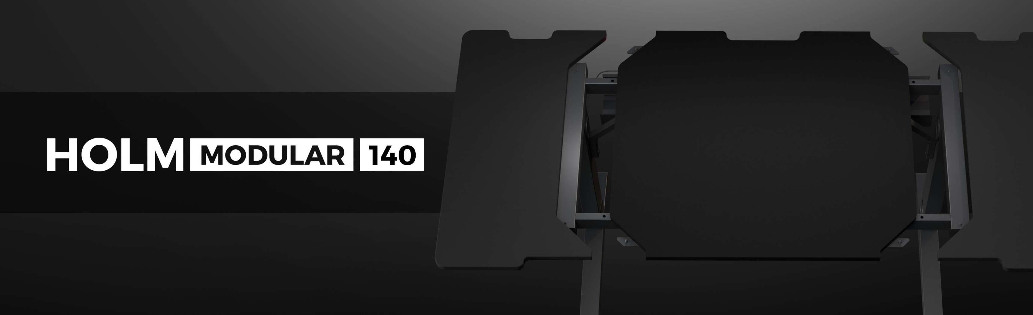 Modular gaming desk featuring a sleek, modern design with a dark finish, labeled "HOLM MODULAR 140."