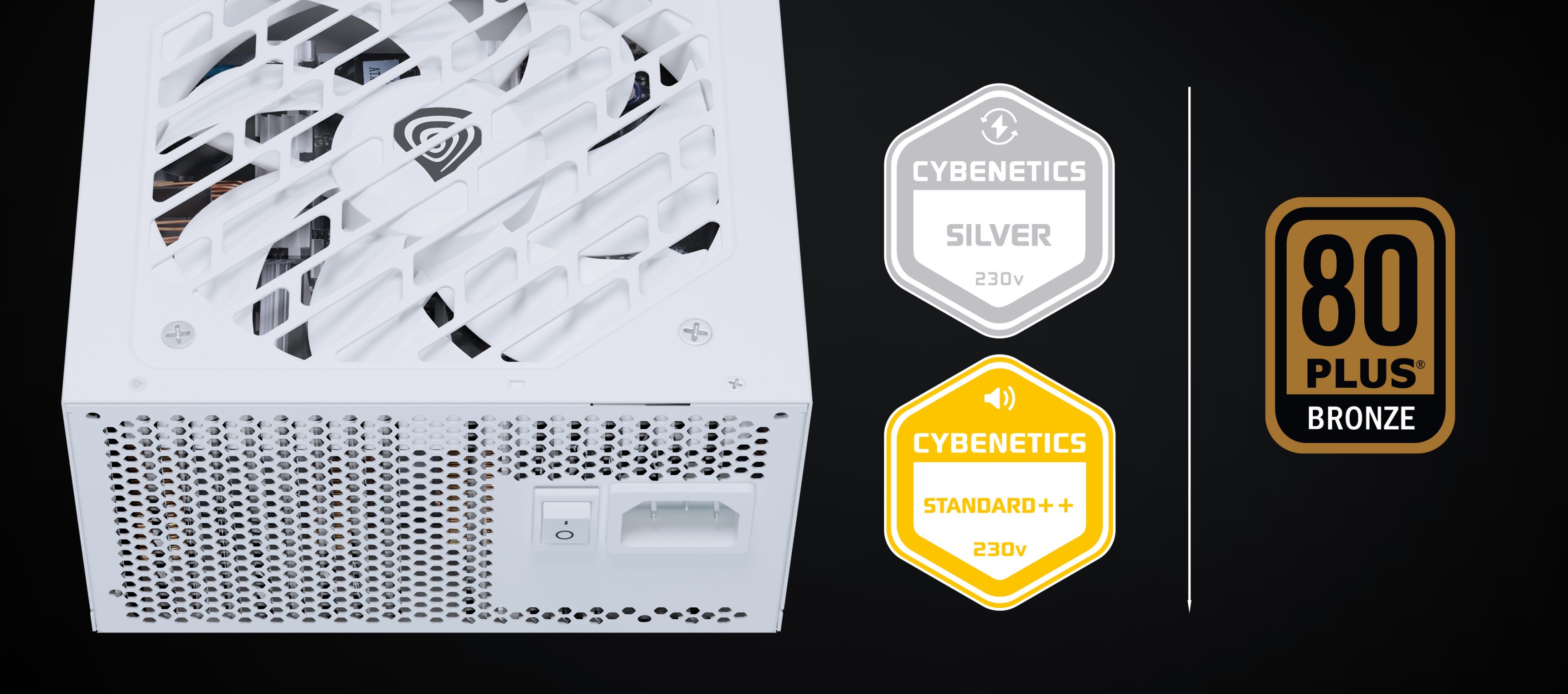 Power supply unit with a white fan grill and several efficiency certification labels.