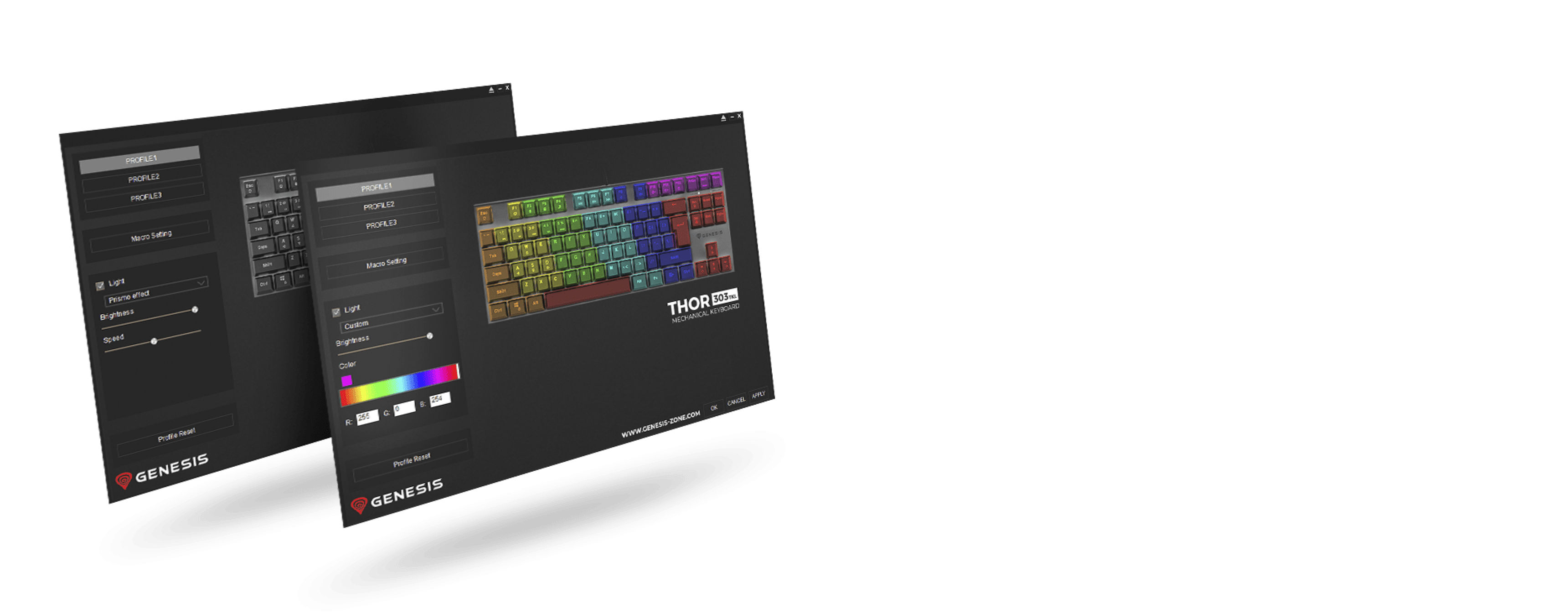 Keyboard customization interface for Genesis Thor 303 TKL RGB mechanical keyboard. Features colorful key lighting options