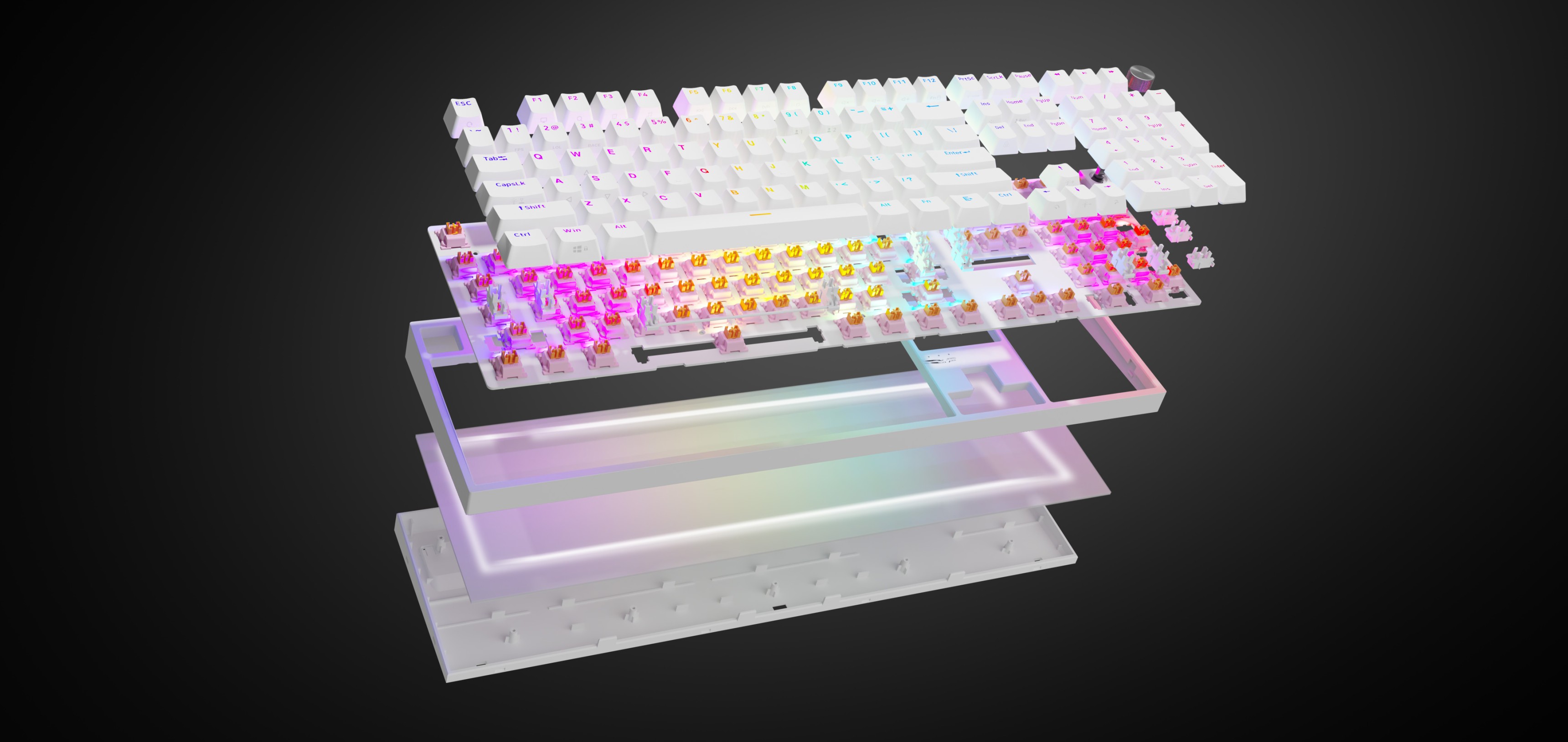White RGB mechanical gaming keyboard, featuring Outemu Peach Silent switches and an illuminated transparent outer frame