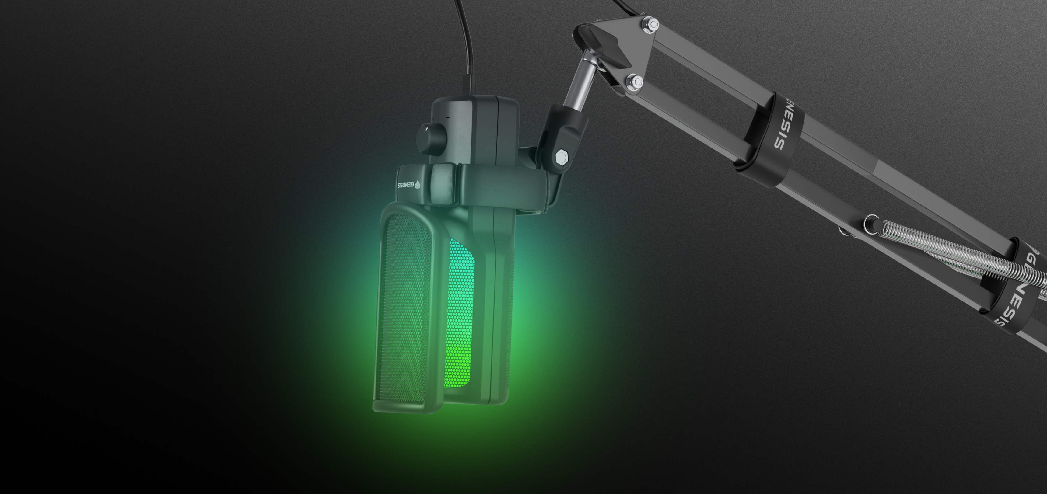 USB microphone mounted on a black adjustable arm, featuring a green illuminated panel for visual feedback