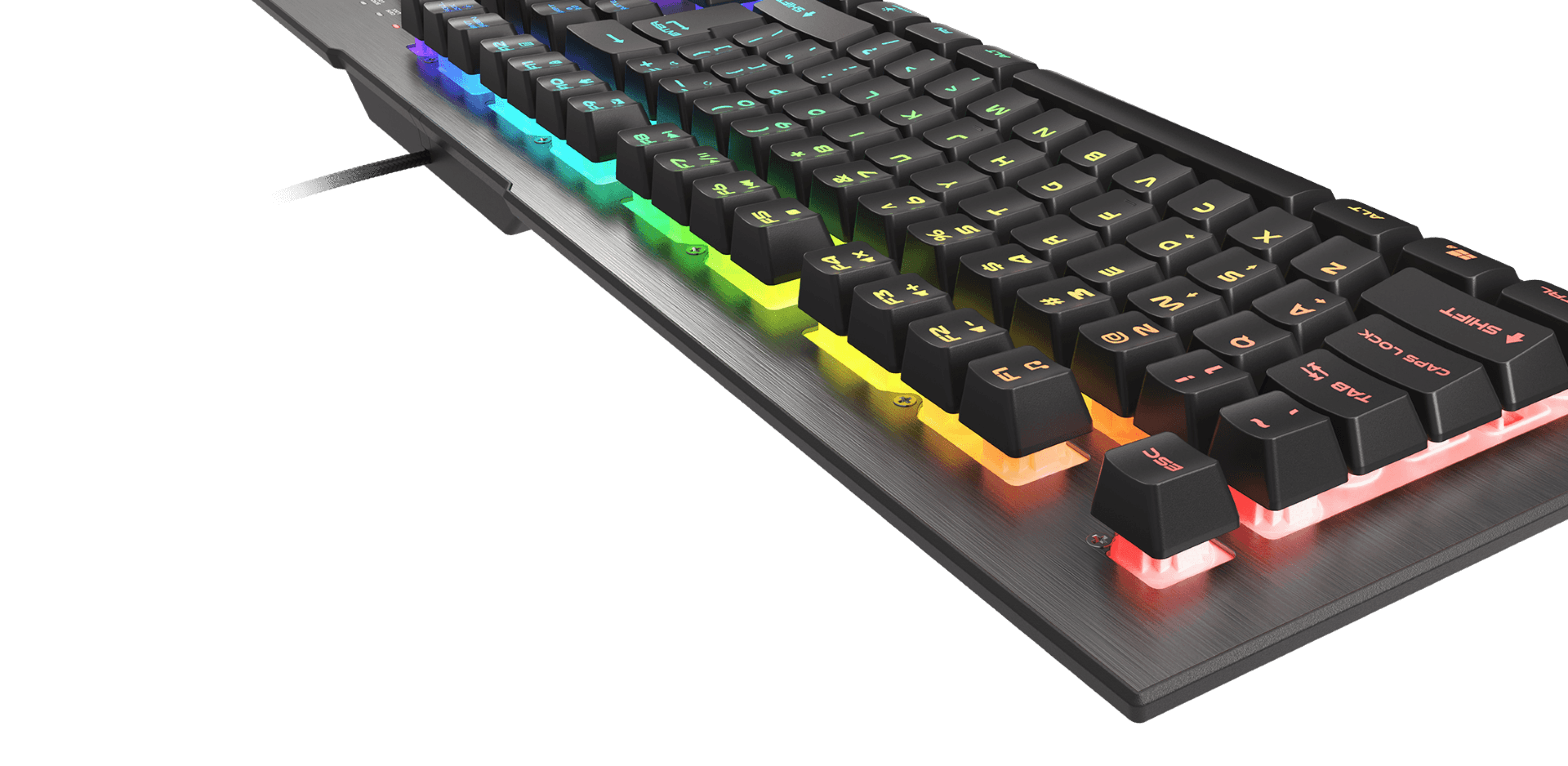 Gaming keyboard with colorful backlighting and a sleek design.