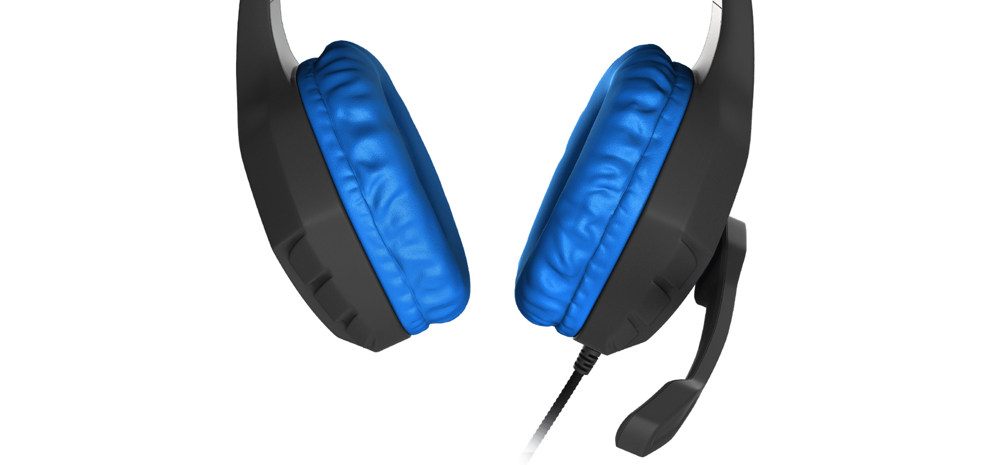 Black and blue over-ear headphones with a microphone, featuring padded ear cups for comfort and a wired connection