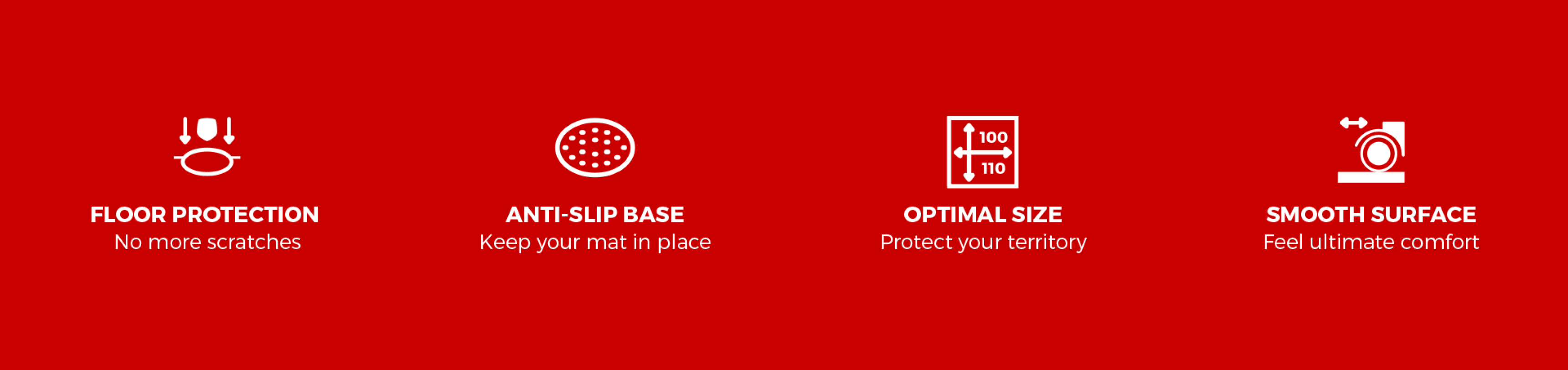 Red backdrop featuring four icons highlighting features: floor protection, anti-slip base, optimal size, and smooth surface for comfort