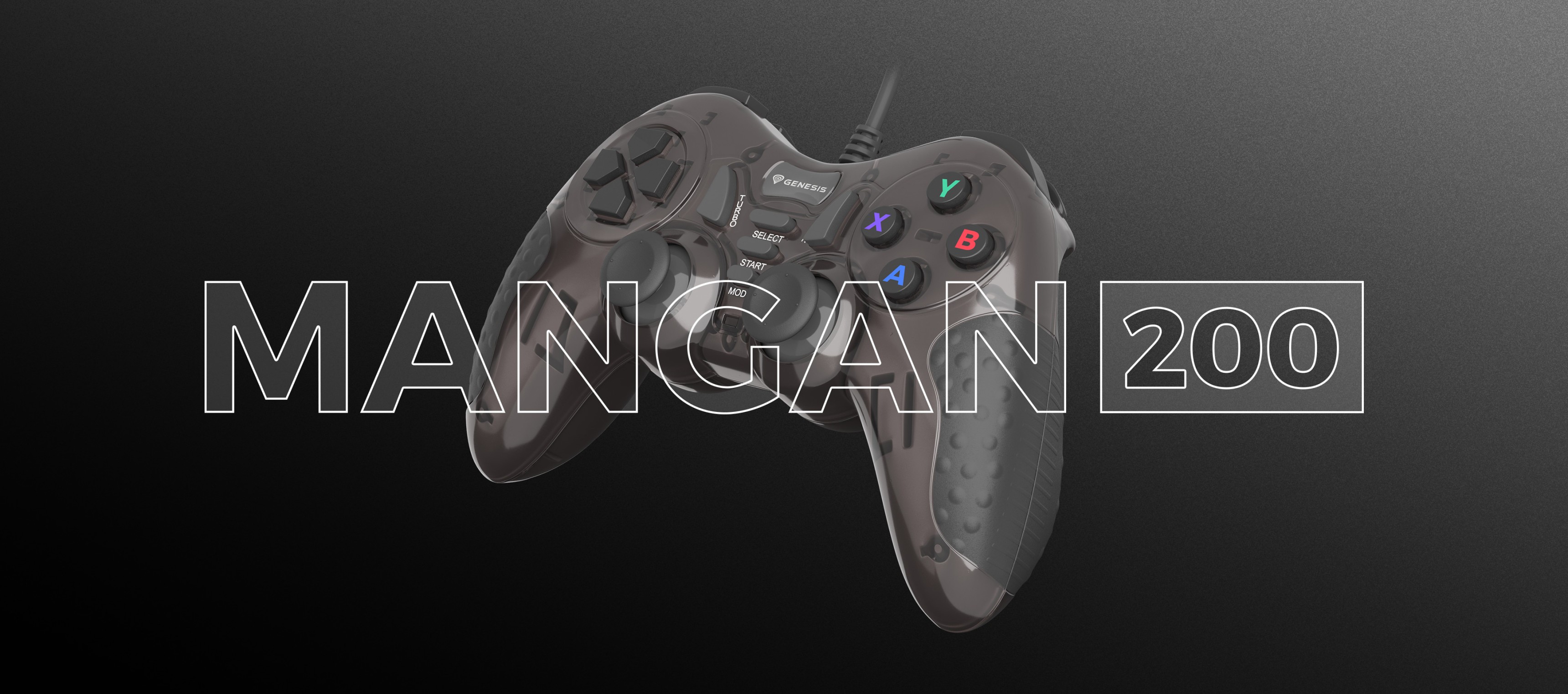Gaming controller with several buttons and a connection cable.