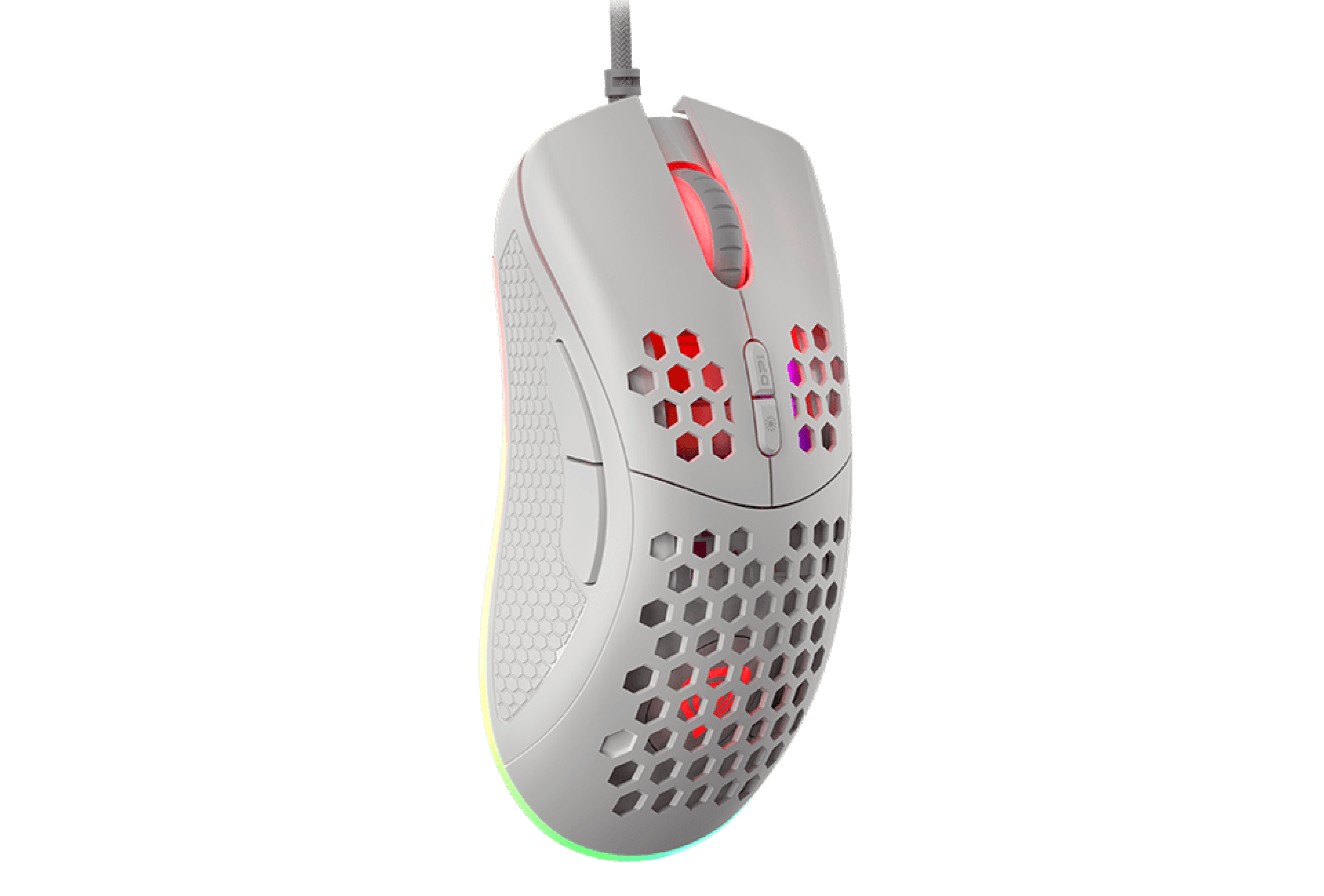 White gaming mouse with RGB lighting, ergonomic design, and honeycomb shell pattern; features adjustable DPI up to 8000