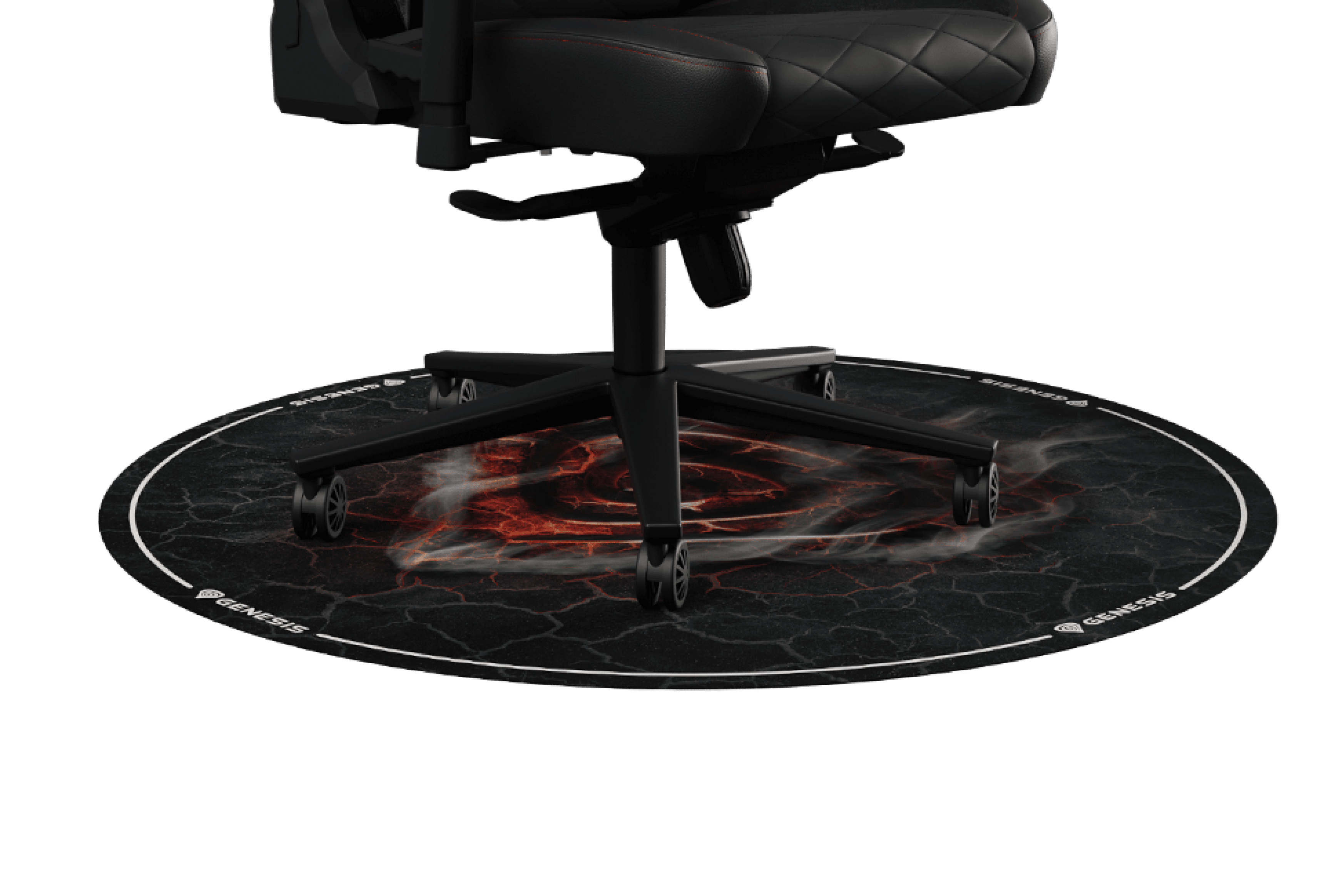 Round chair mat with a lava design, protecting flooring under a sleek black office chair. Diameter: 100 cm