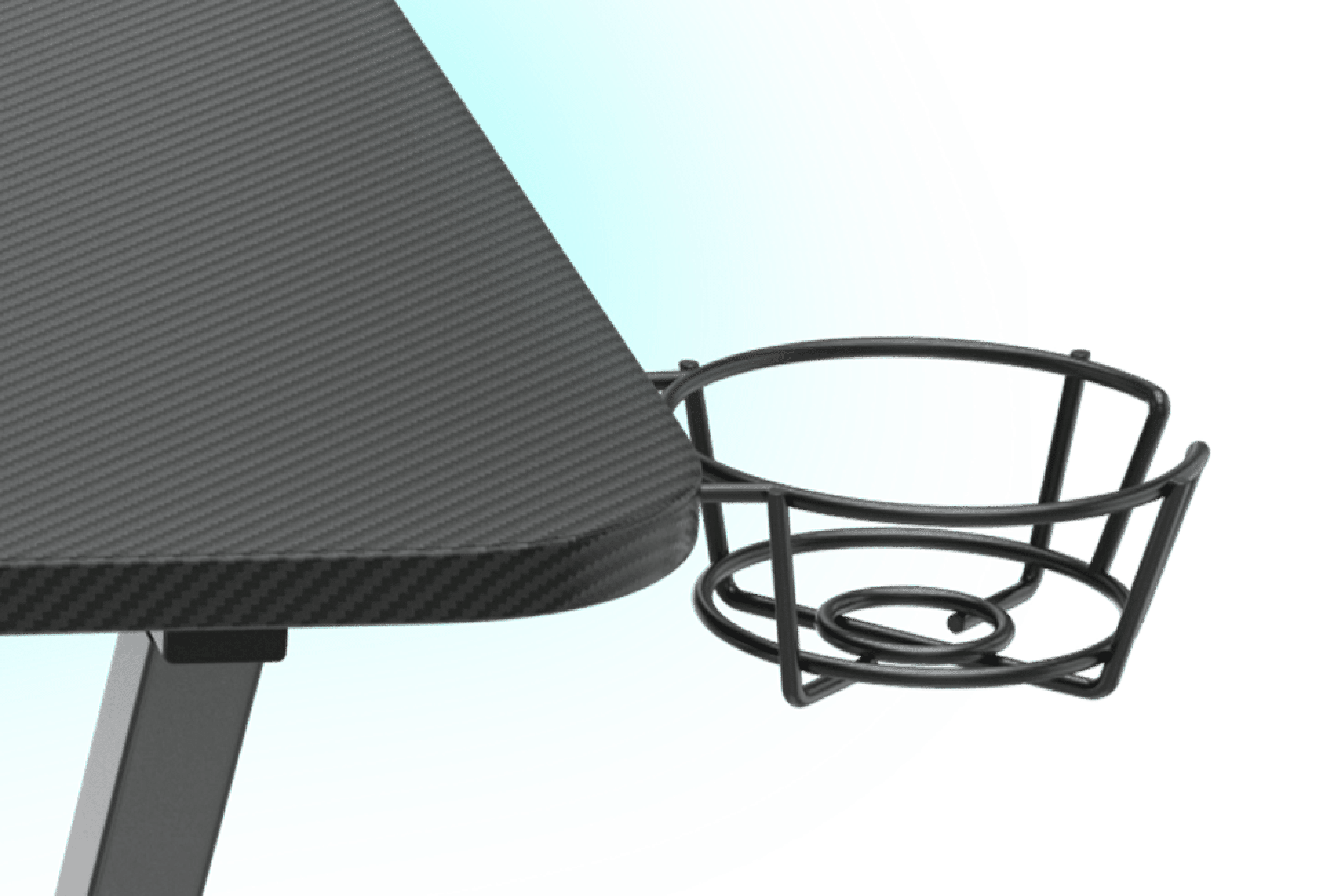 Close-up of the Genesis Holm 200 RGB gaming desk showing its carbon fiber surface and a black cup holder attached to the side