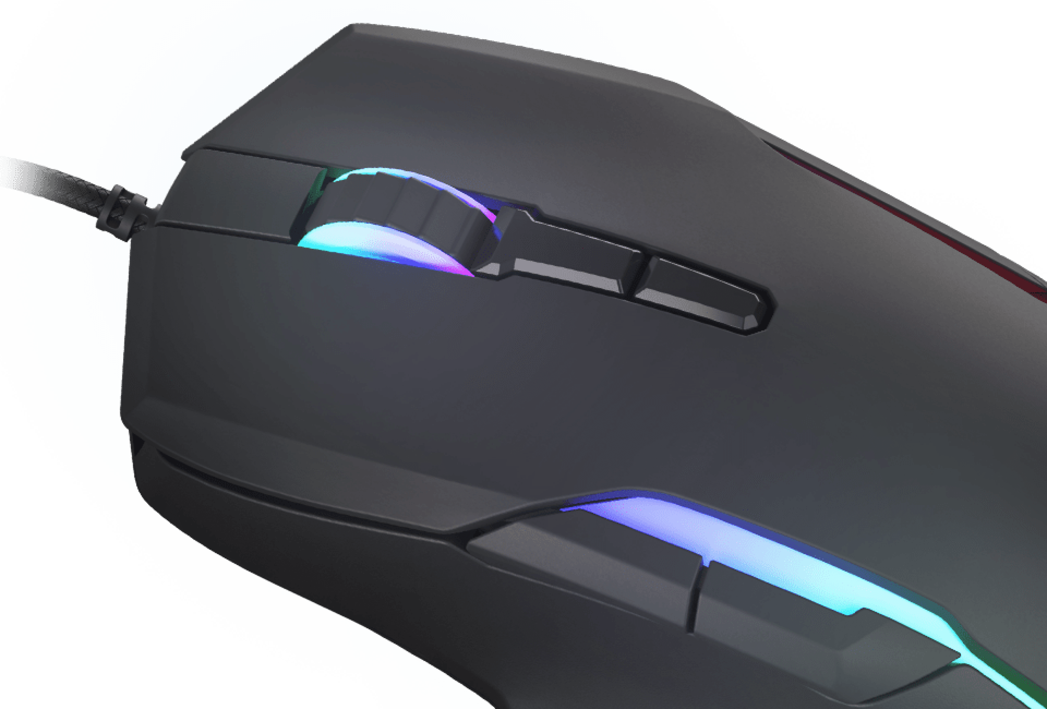 Gaming mouse with RGB lighting, featuring a silent click and adjustable DPI settings, black design