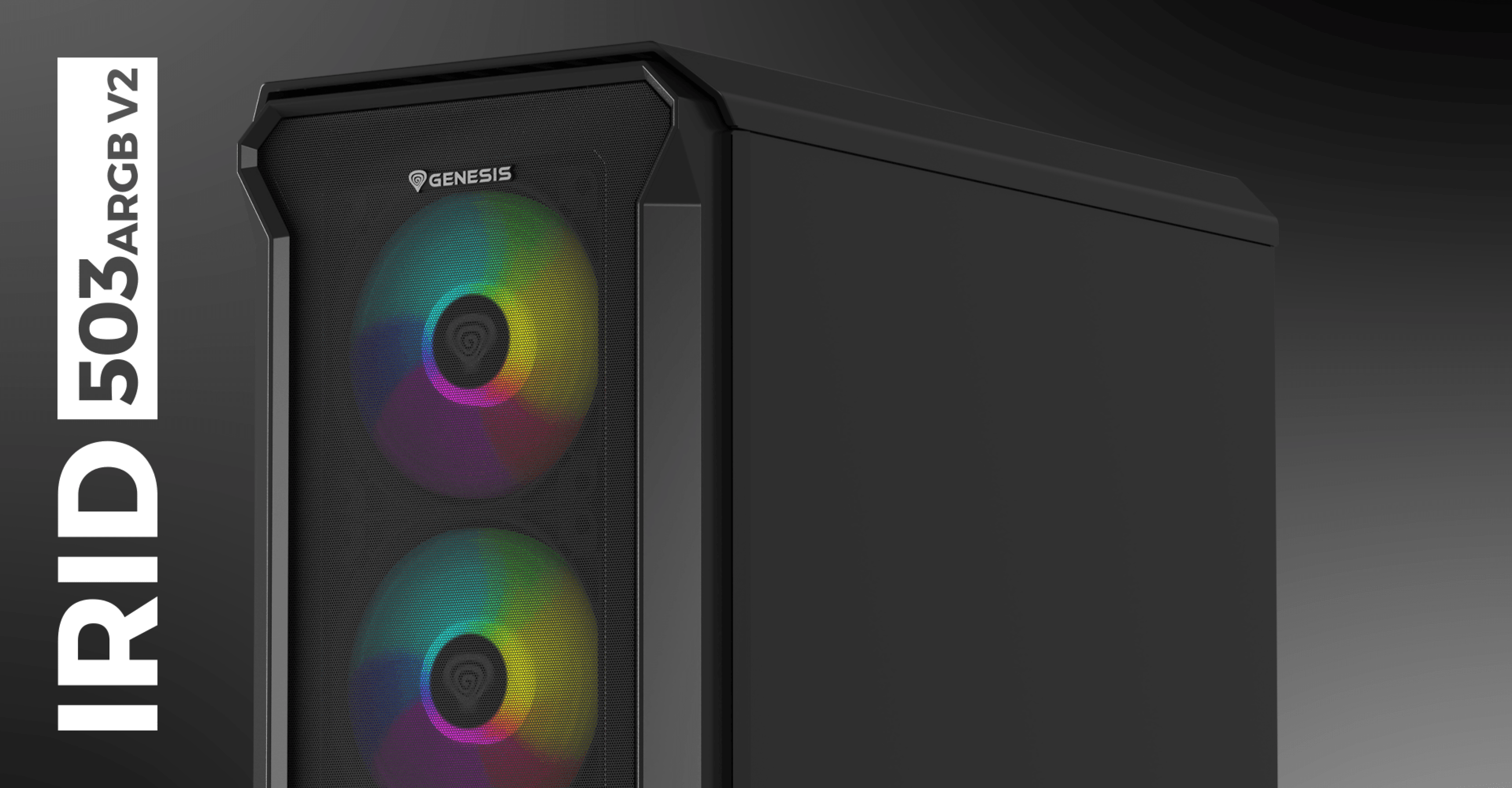 Black mini tower case with a glass side panel and dual front RGB fans, labeled Genesis IRID 503 ARGB V2