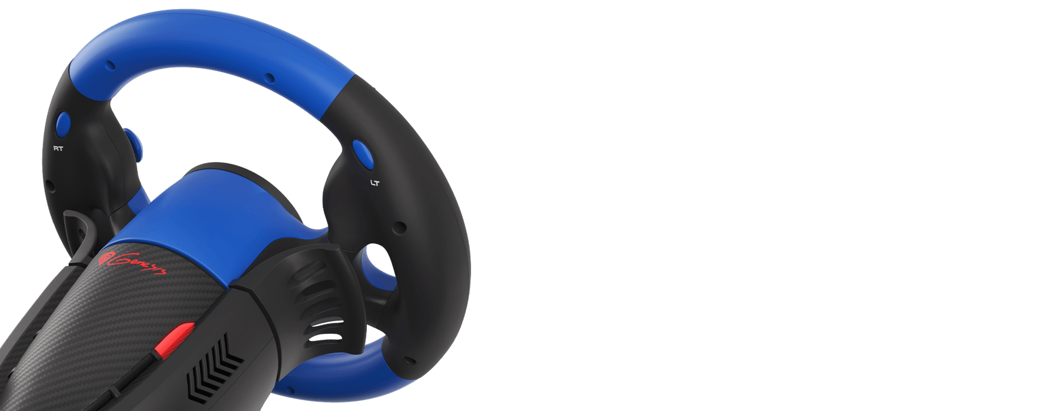 Racing wheel with a blue and black design, compatible with PC, PS3, PS4, Xbox One, Xbox 360, and Nintendo Switch
