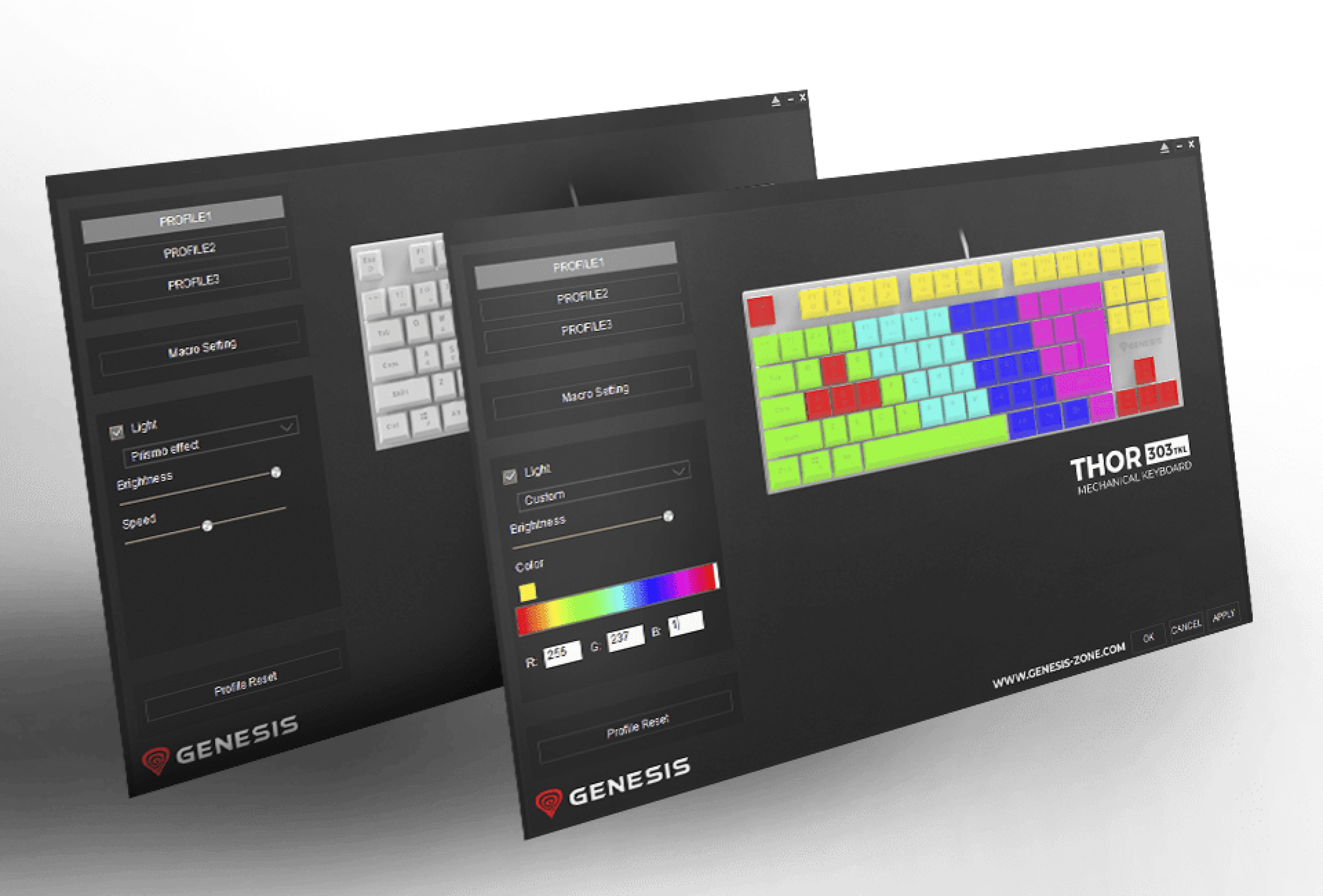 Software interface for the Genesis Thor 303 keyboard, showing RGB lighting customization options and profile settings