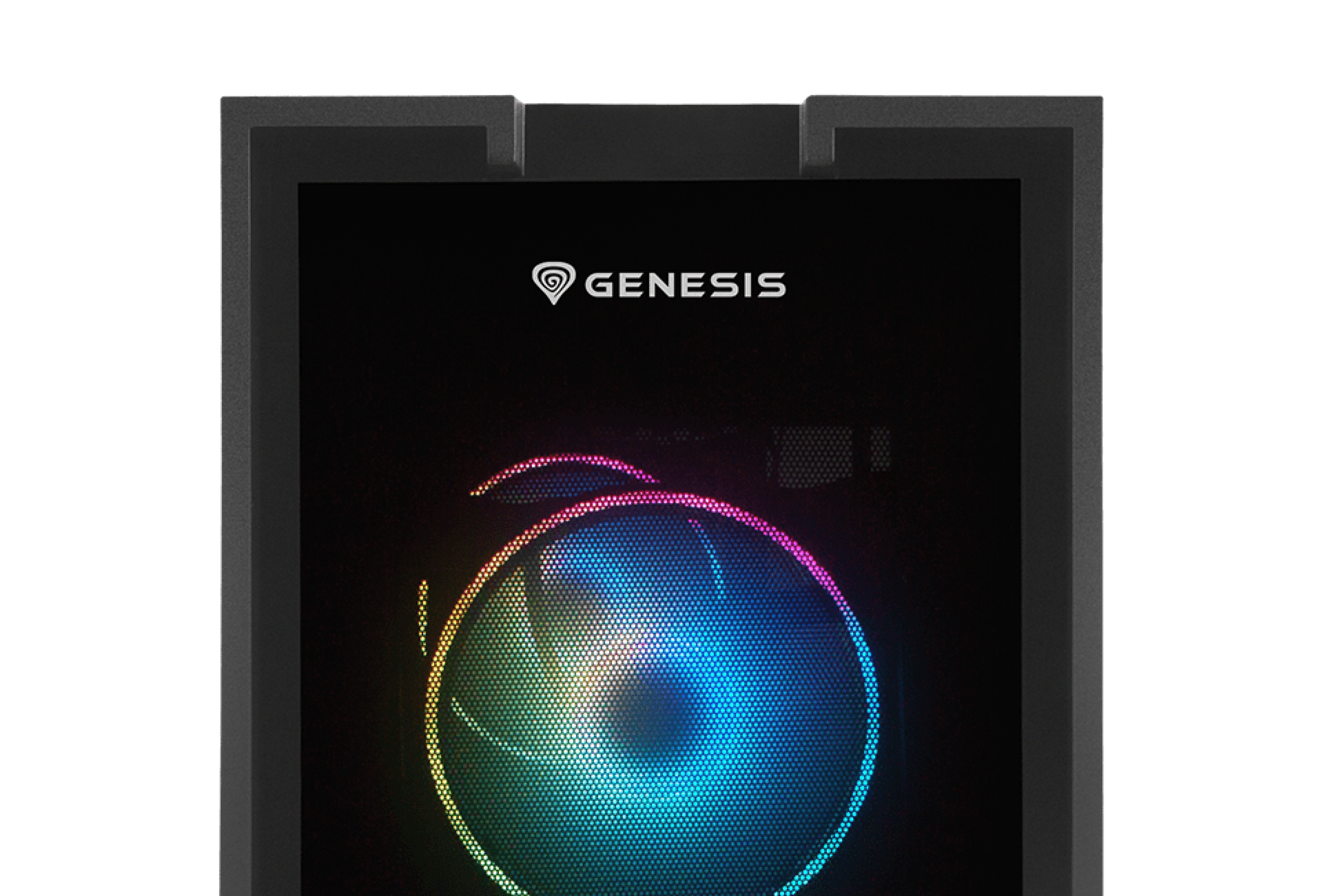 Computer case with a fan featuring multicolored lighting and a black exterior.