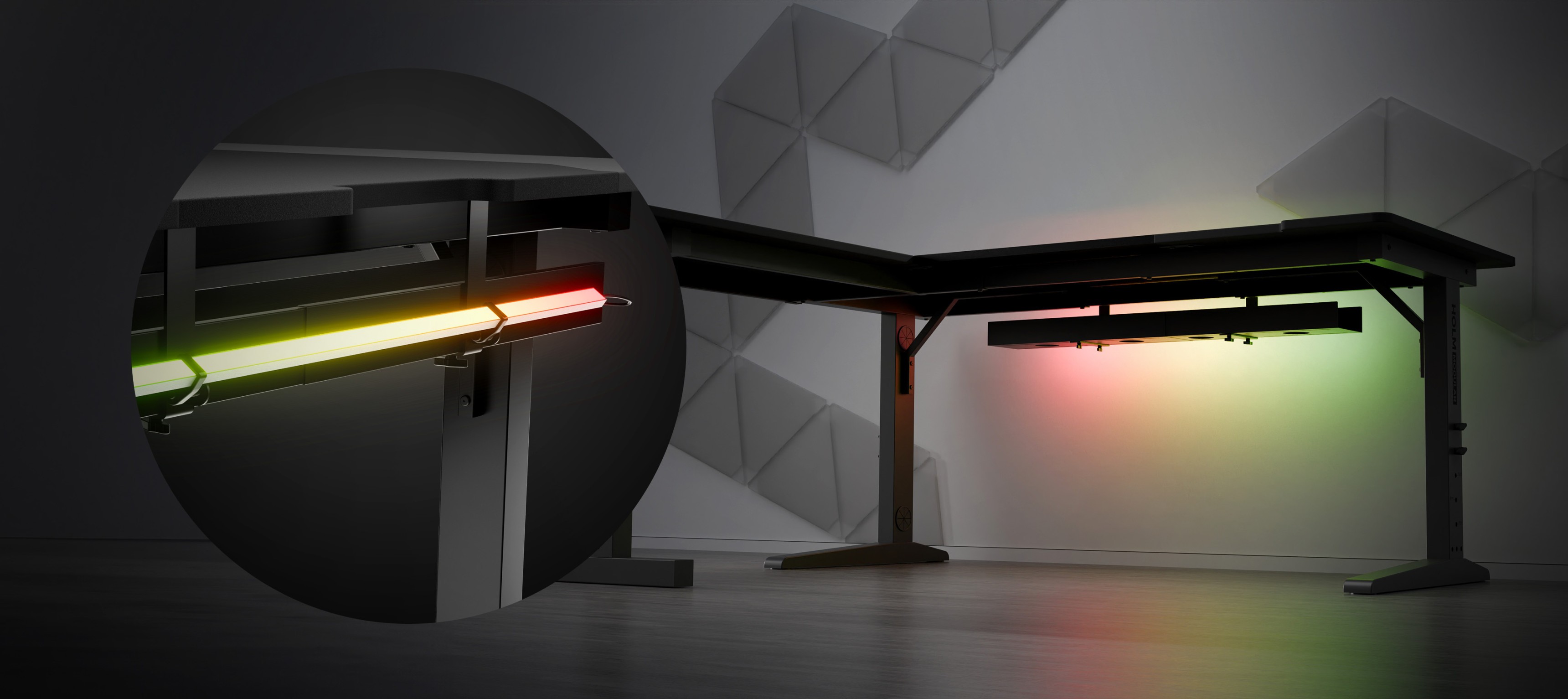 Corner gaming desk with modular design, featuring adjustable LED lighting and a sleek, modern aesthetic