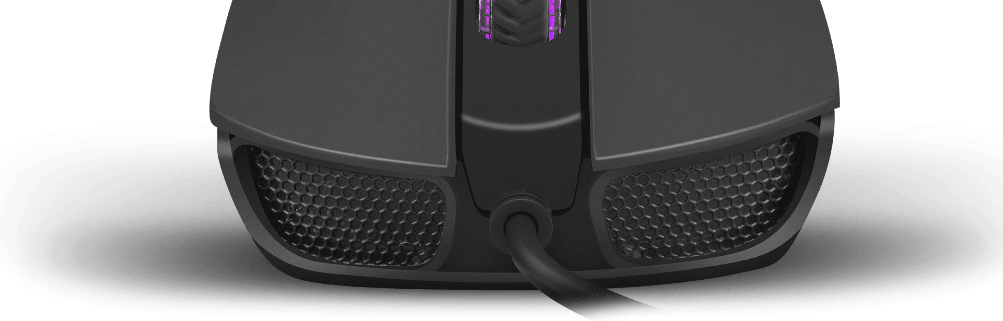 Gaming mouse with a connection cable and a glowing light near the scroll wheel.
