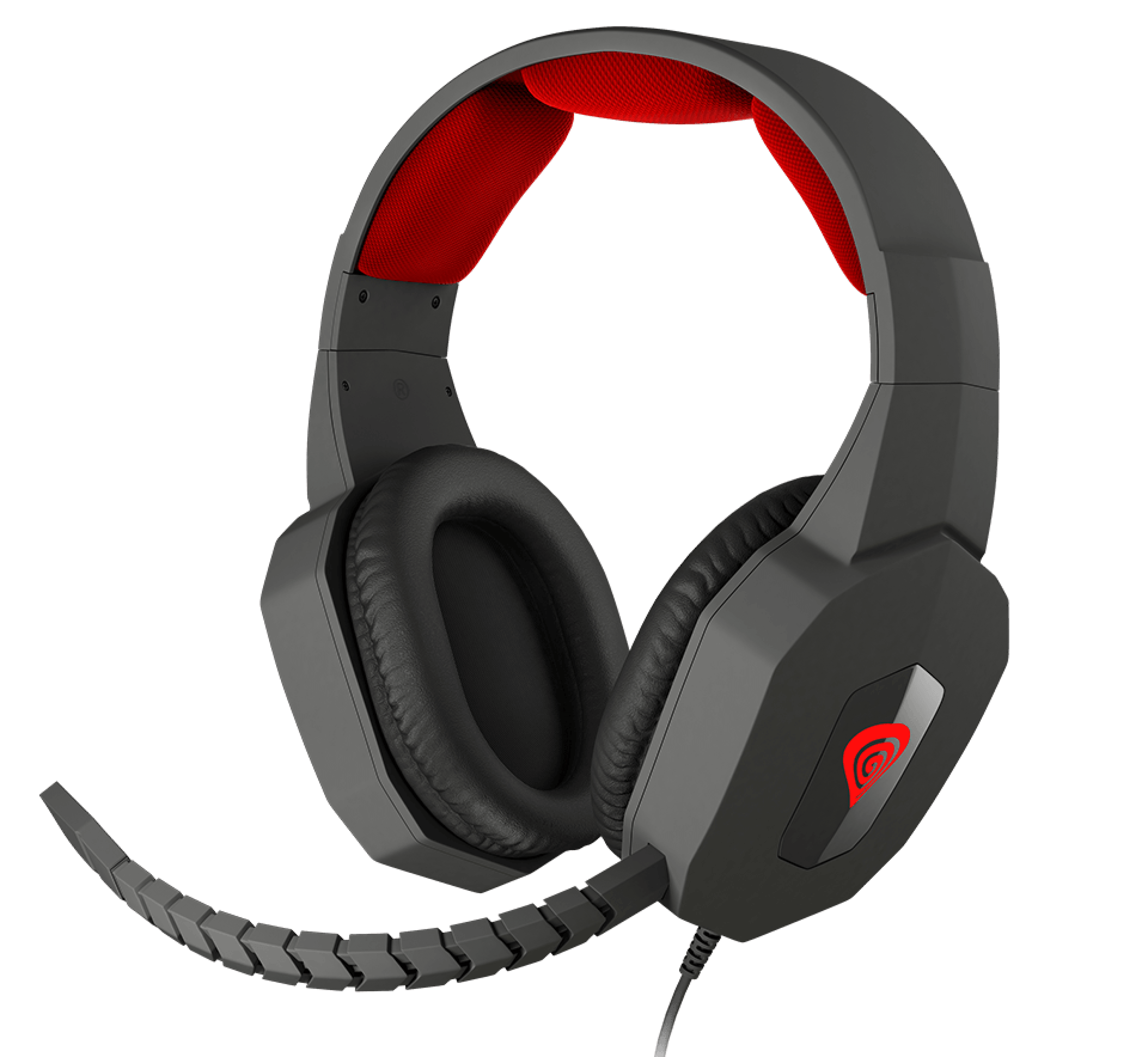 Black and red over-ear headphones with a microphone, featuring padded ear cups and a flexible mic