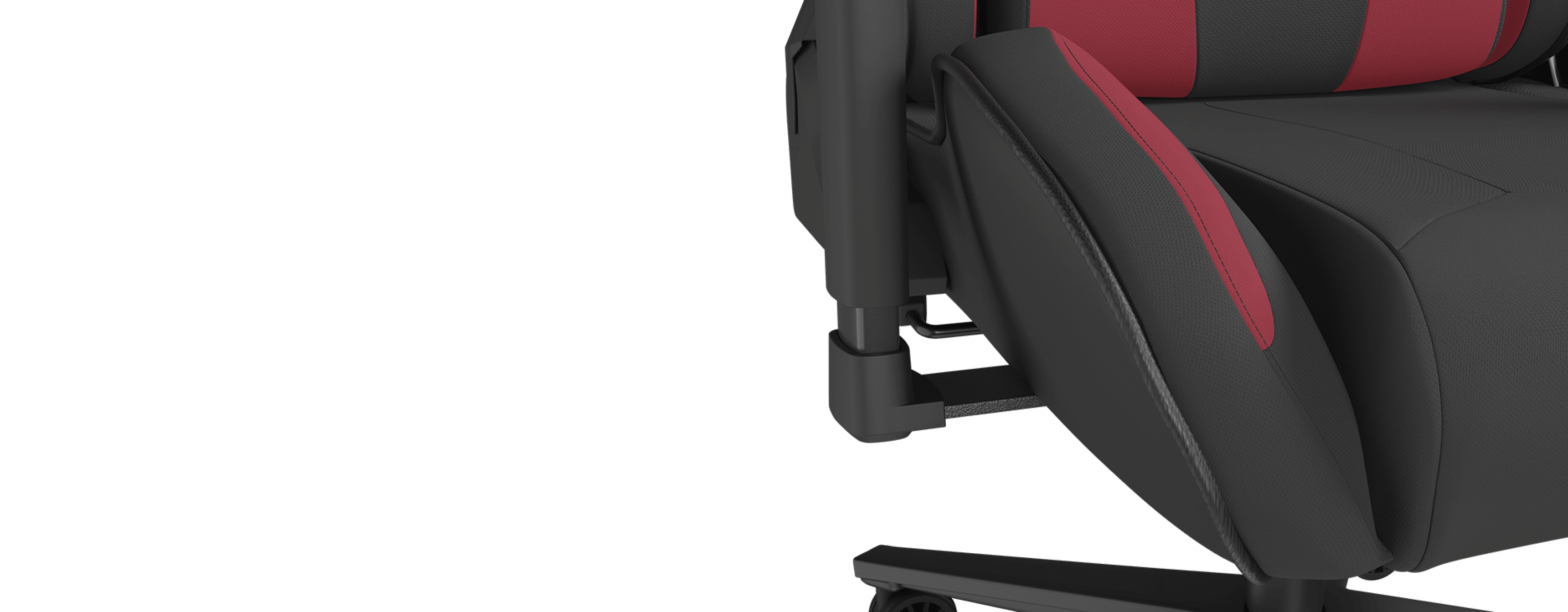 Black and red gaming chair with ergonomic design, adjustable armrests, and rolling wheels