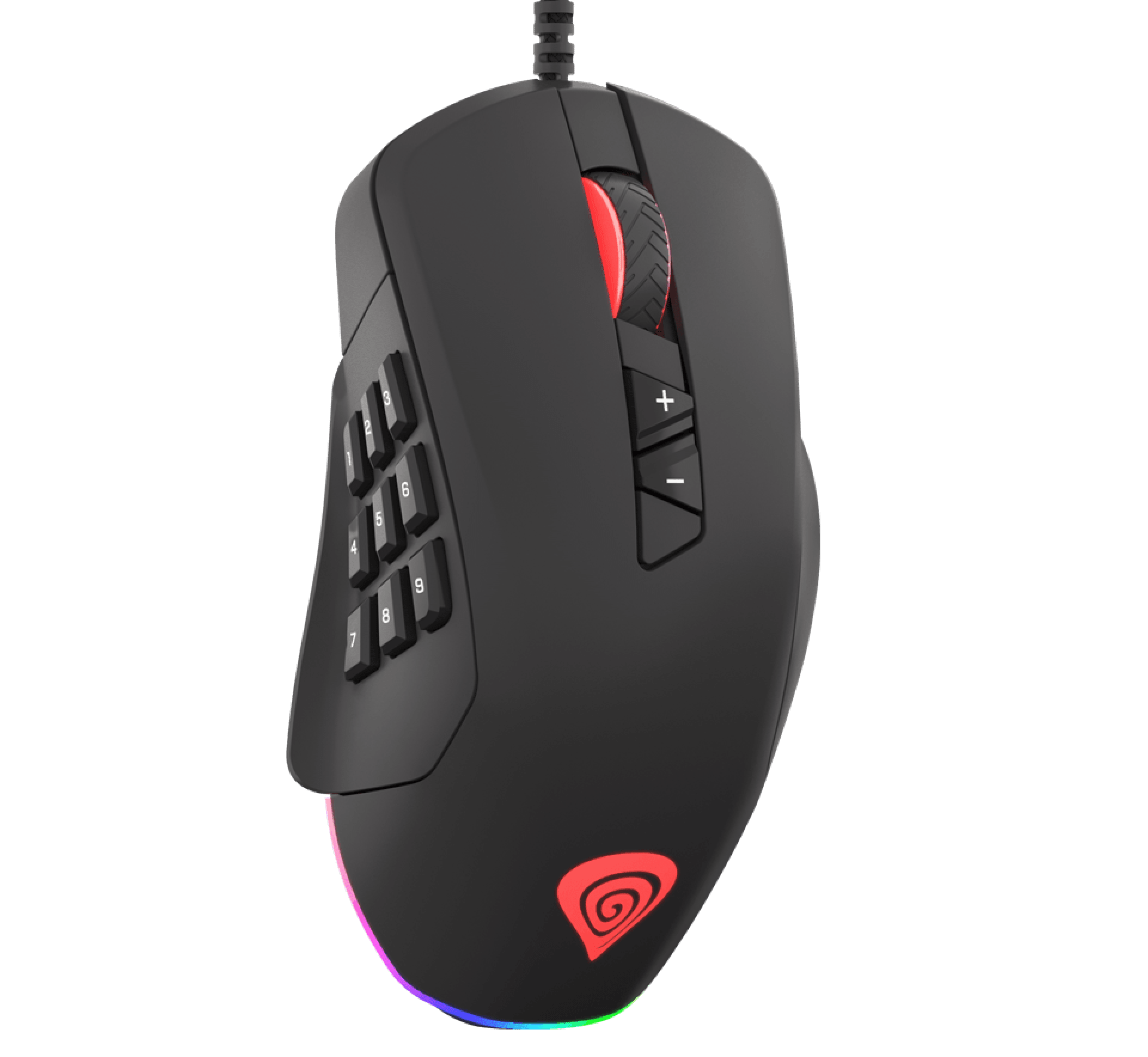 Gaming mouse with multiple buttons, a scroll wheel, and a glowing color effect.