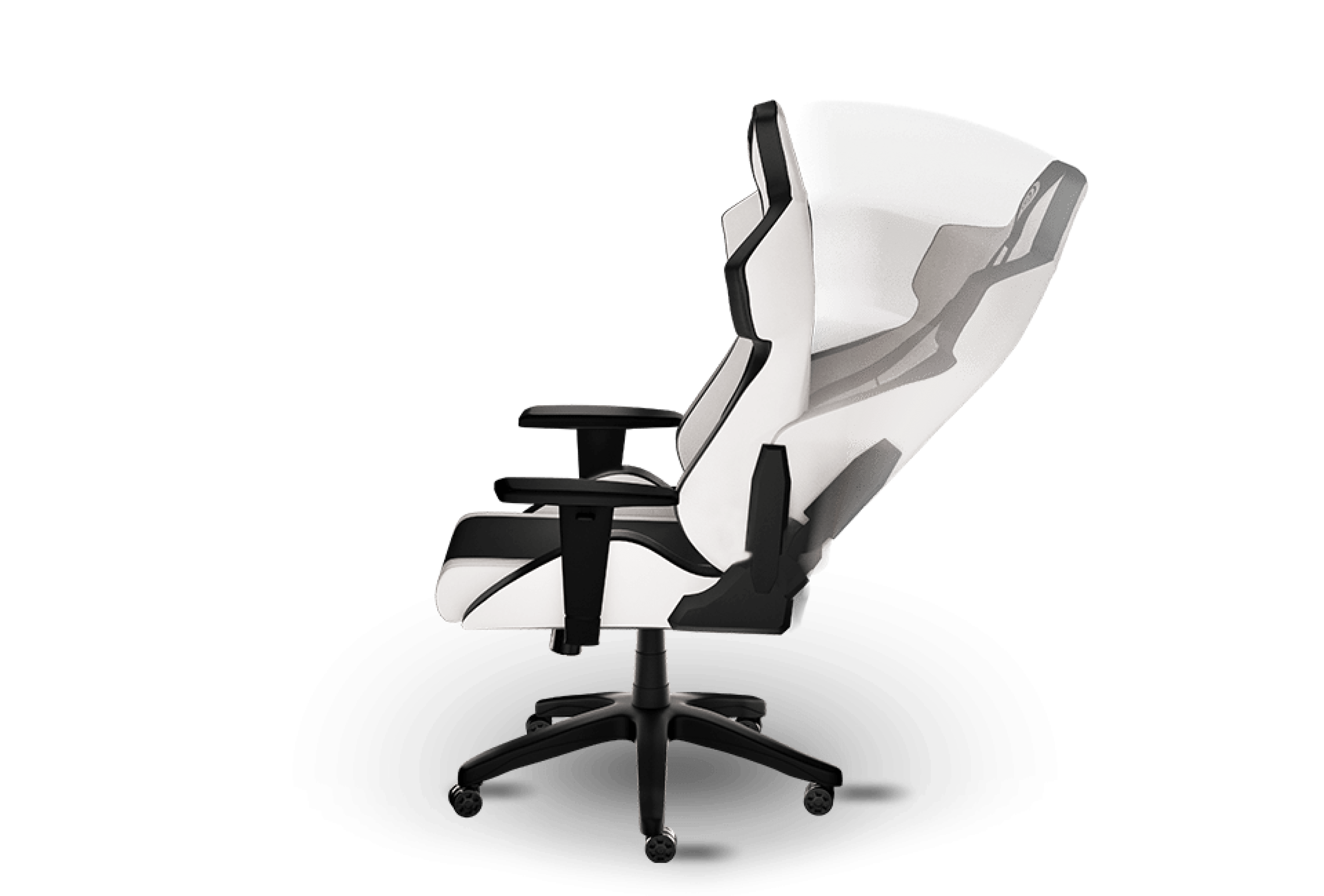 Ergonomic gaming chair with a high backrest and adjustable armrests in black and white.