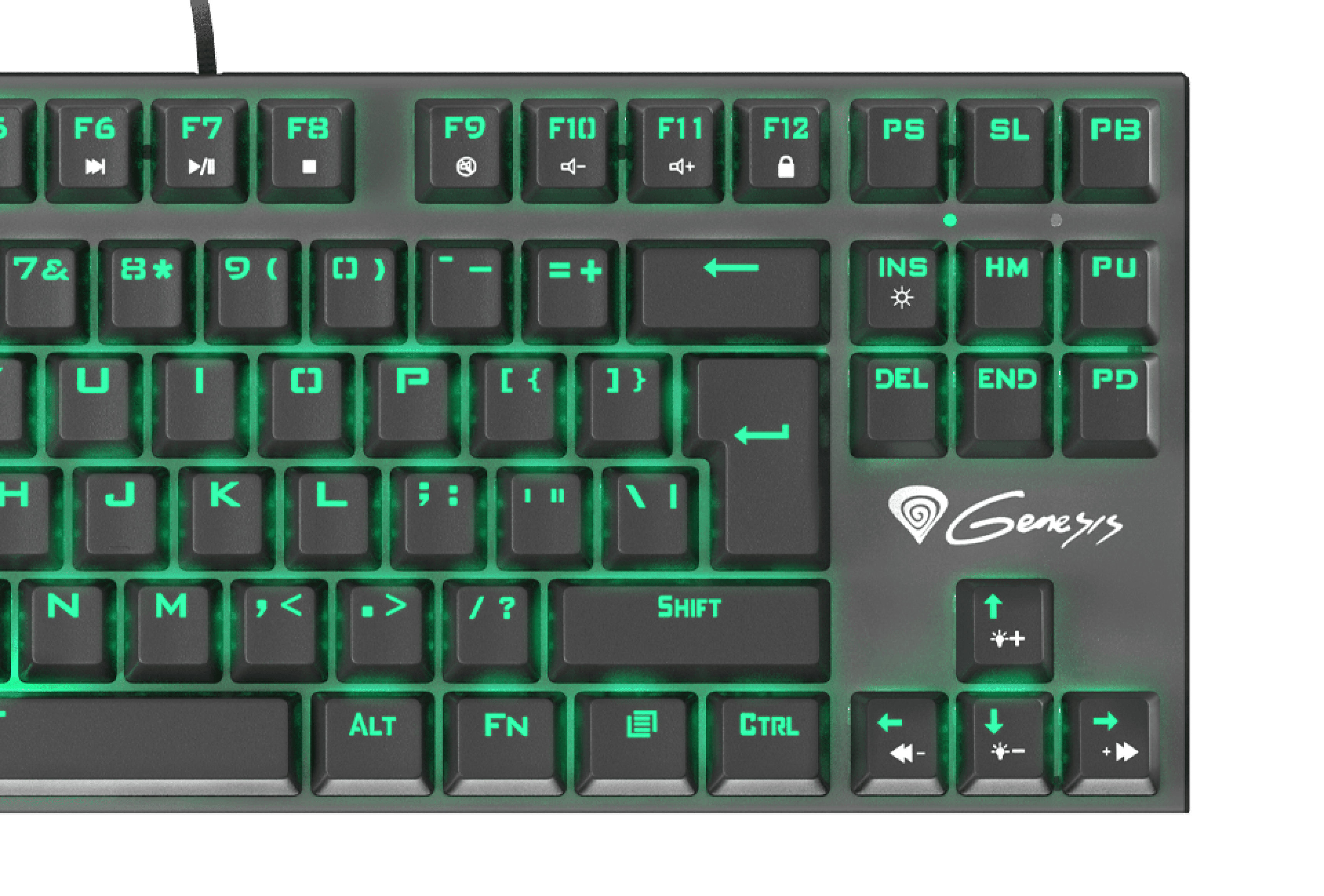 Keyboard with green backlighting and a logo, showing various keys and functions.