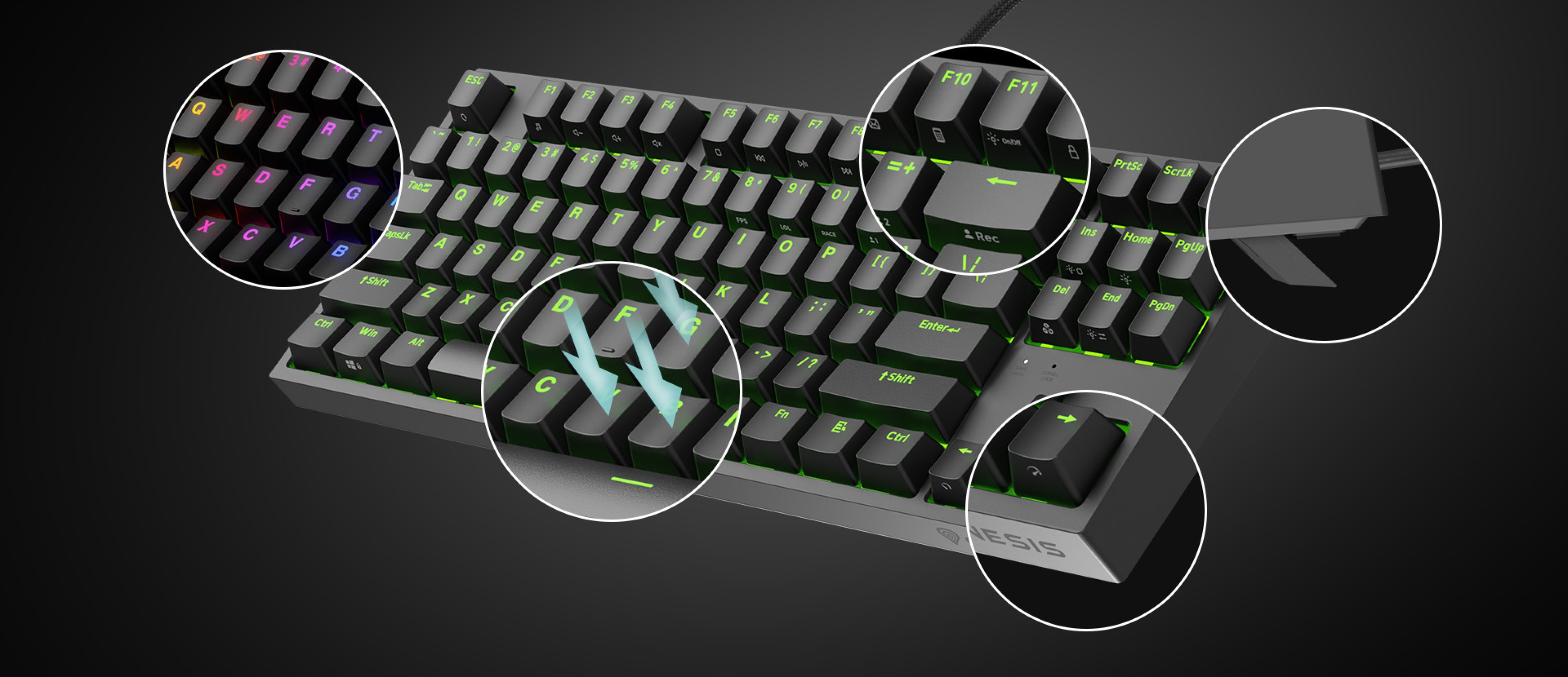 Compact gaming keyboard with RGB backlighting and Gateron Yellow switches. Features highlighted keys and a sleek design