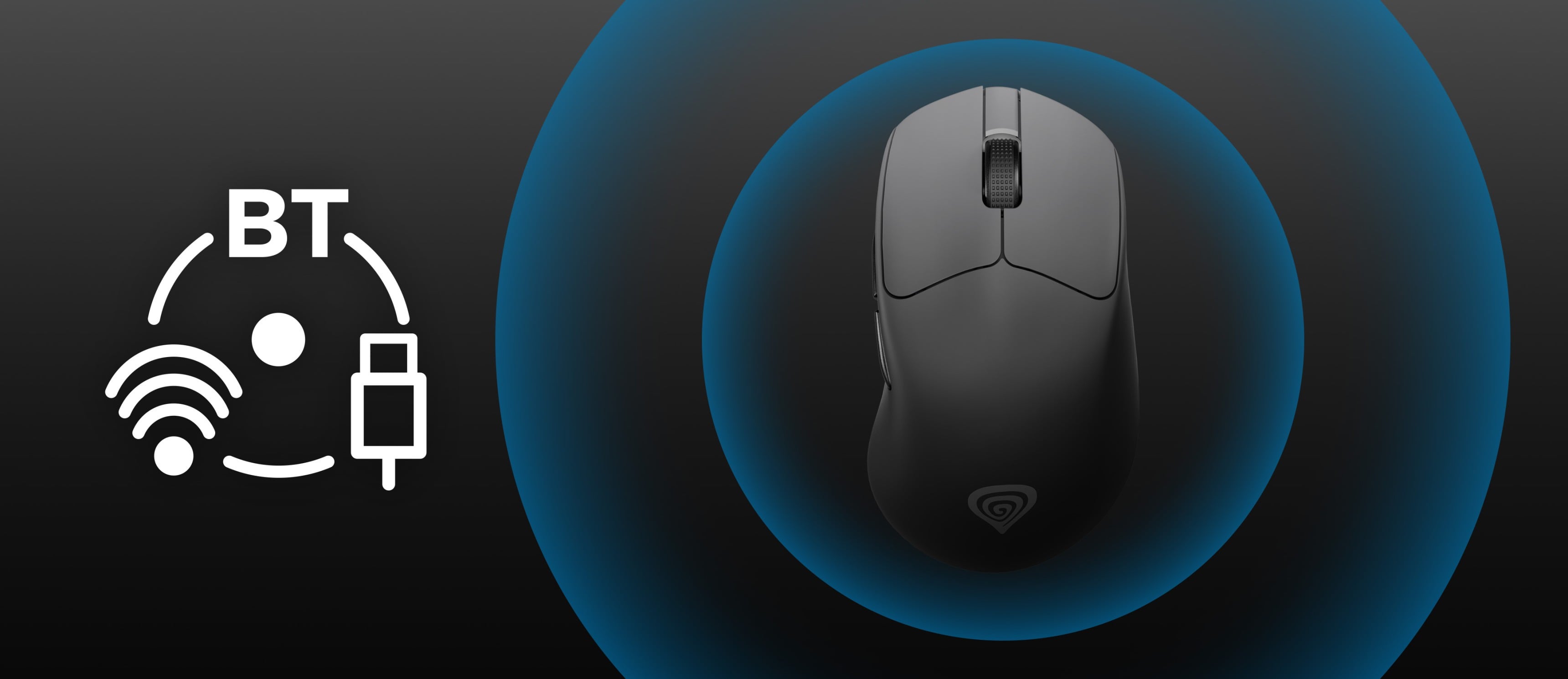 Wireless mouse with a sleek design surrounded by a glowing blue circle.