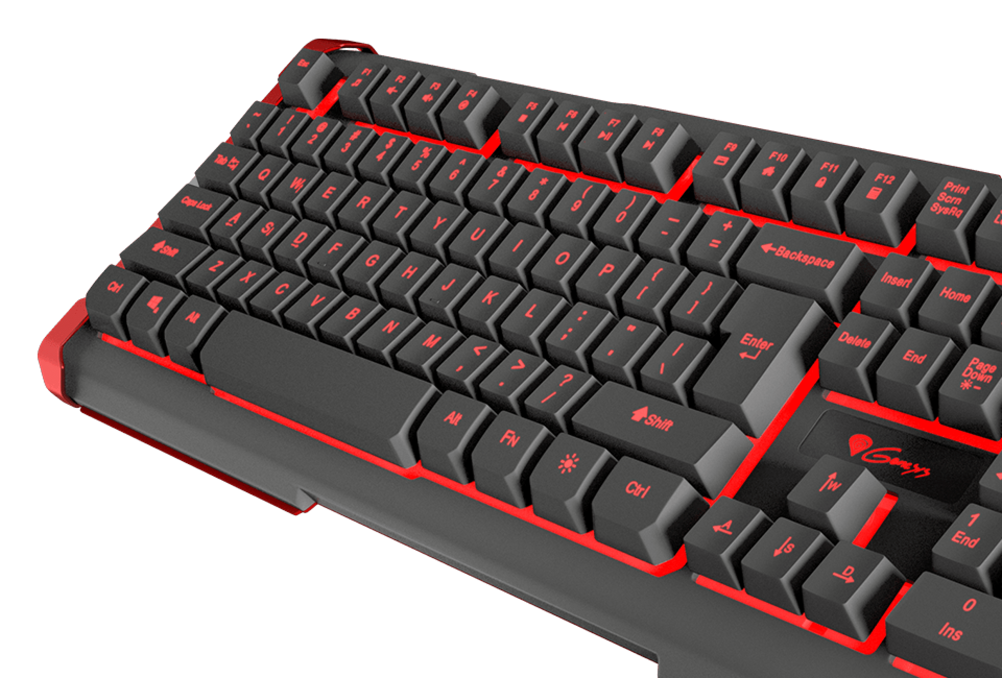 Keyboard with black keys and red accents, featuring a traditional layout and additional buttons.