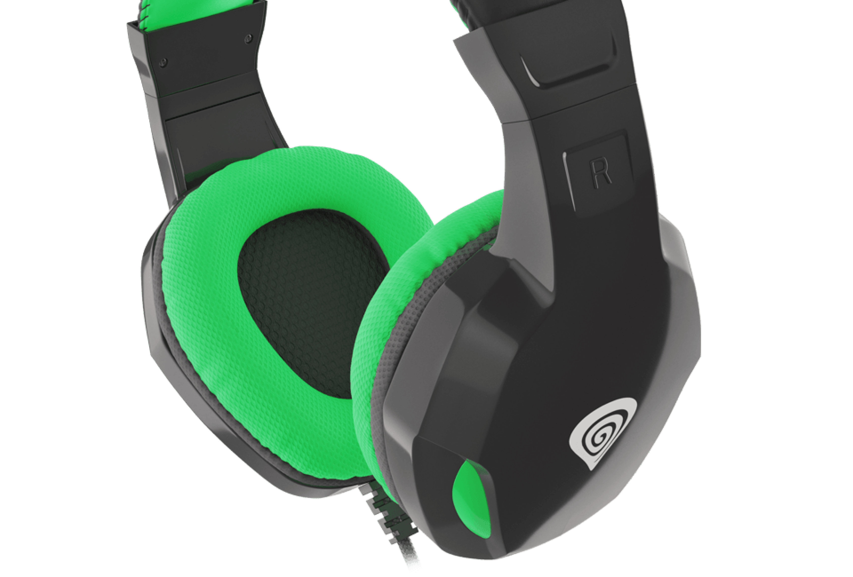Black and green Genesis Argon 100 over-ear headphones with a built-in microphone and cushioned ear pads