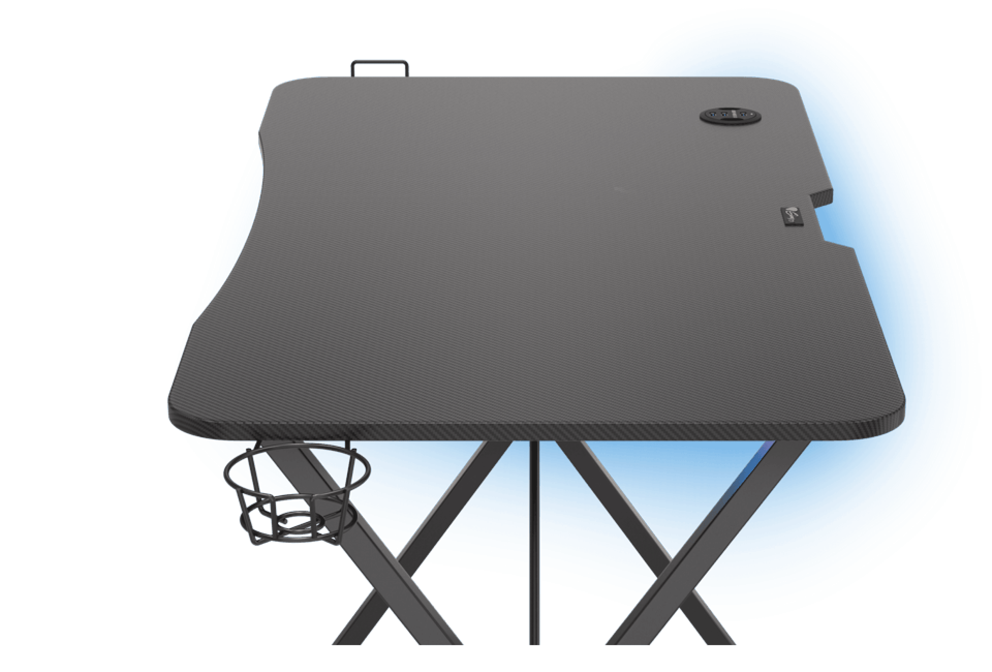 Gaming desk with RGB lighting, a sleek black surface, and a drink holder on one side