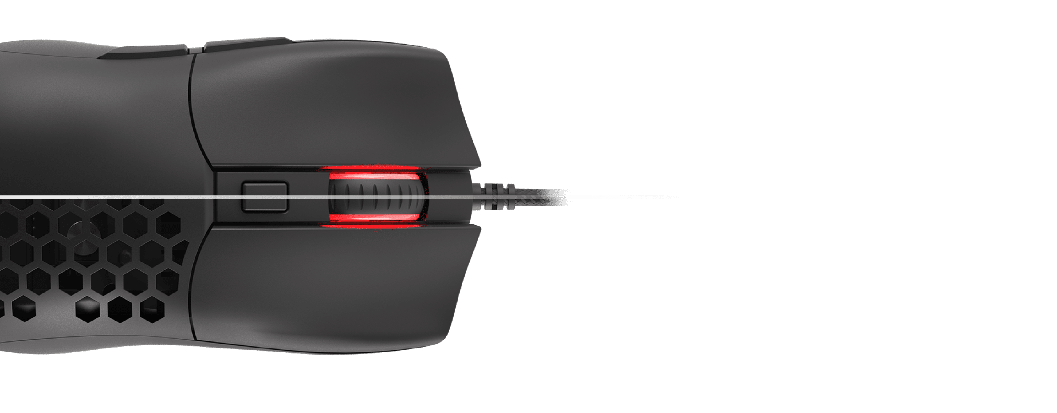 Black gaming mouse with RGB lighting and adjustable DPI up to 8000, featuring a honeycomb design and ergonomic shape