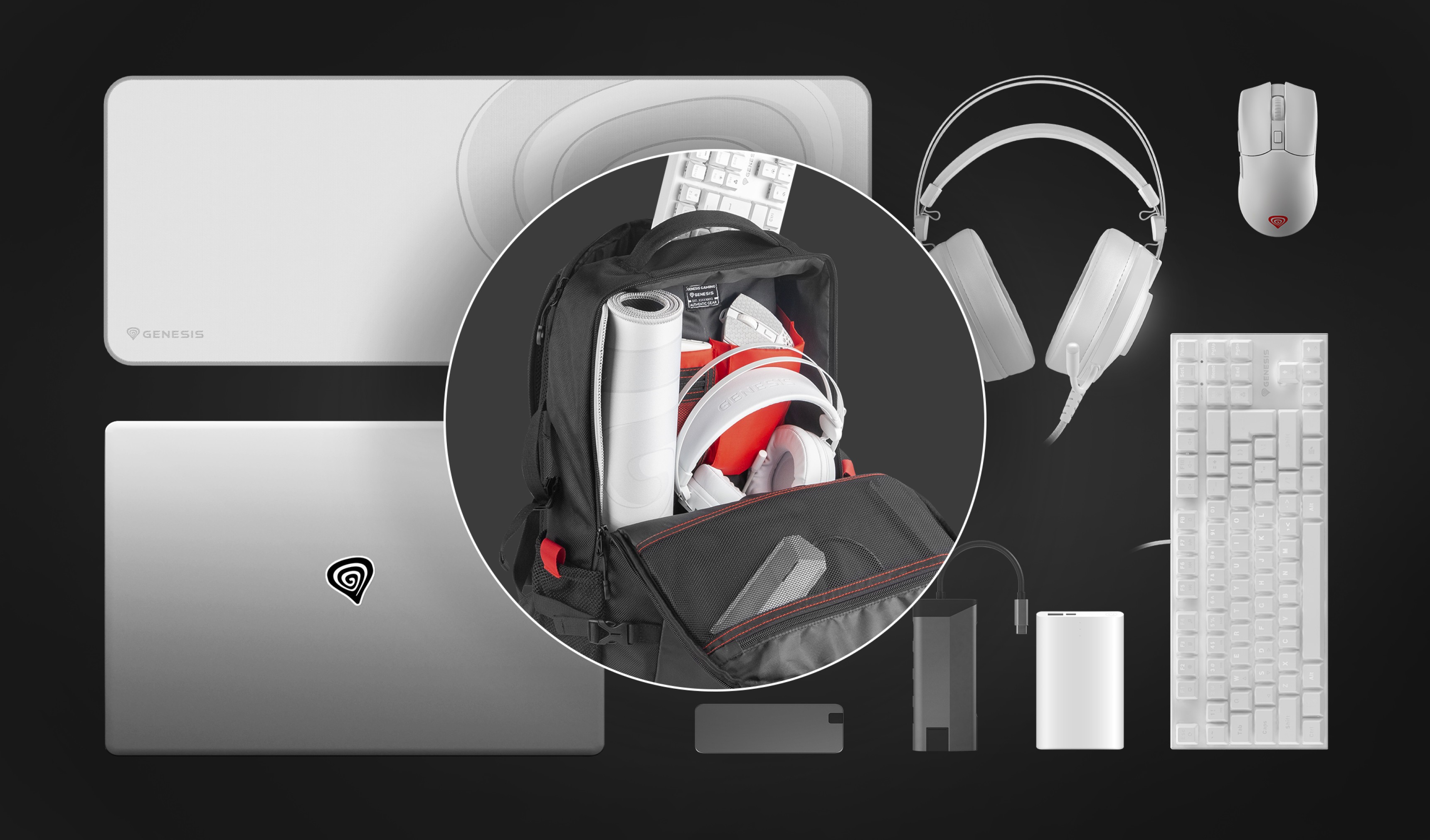 Backpack for laptops, black Genesis Pallad 410, showing interior packed with accessories like headsets, cables, and a laptop