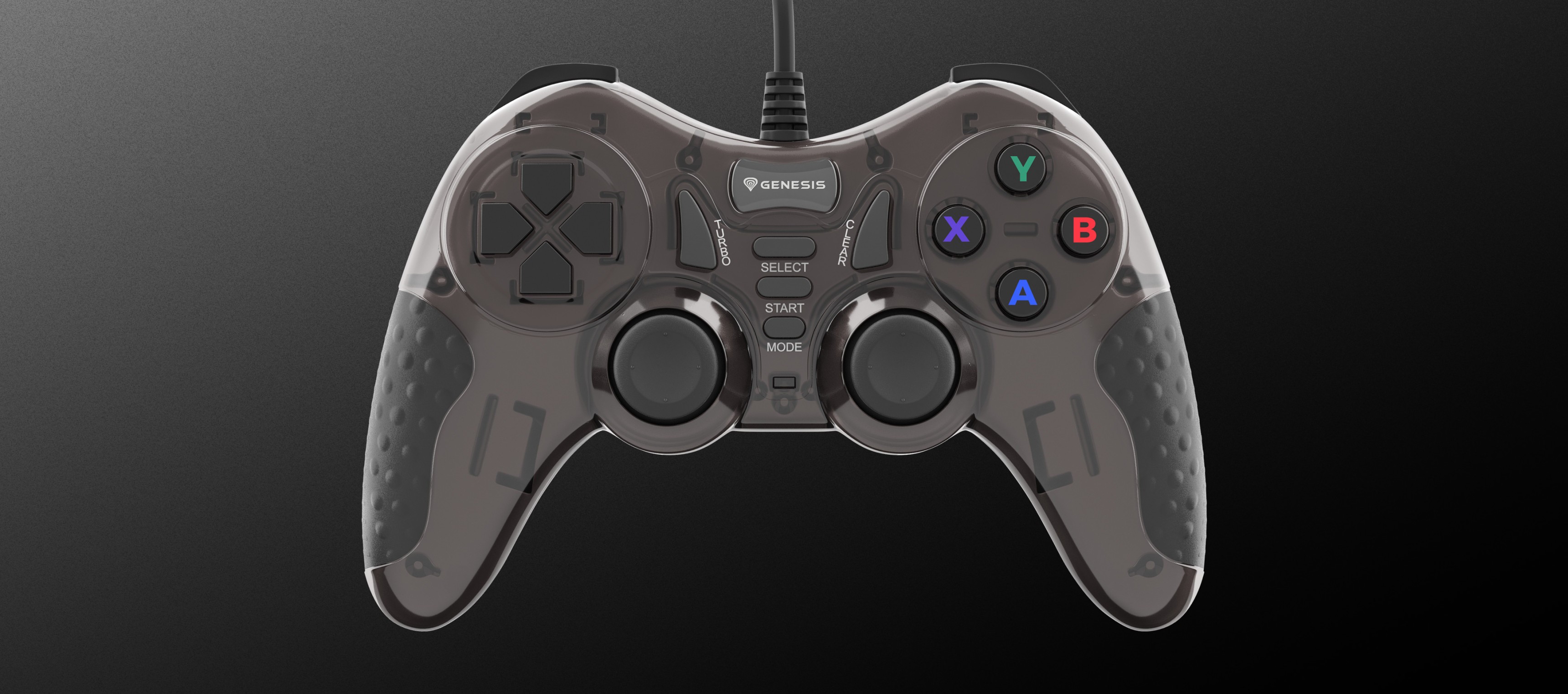 A gaming controller with multiple buttons, joysticks, and a connection cable.