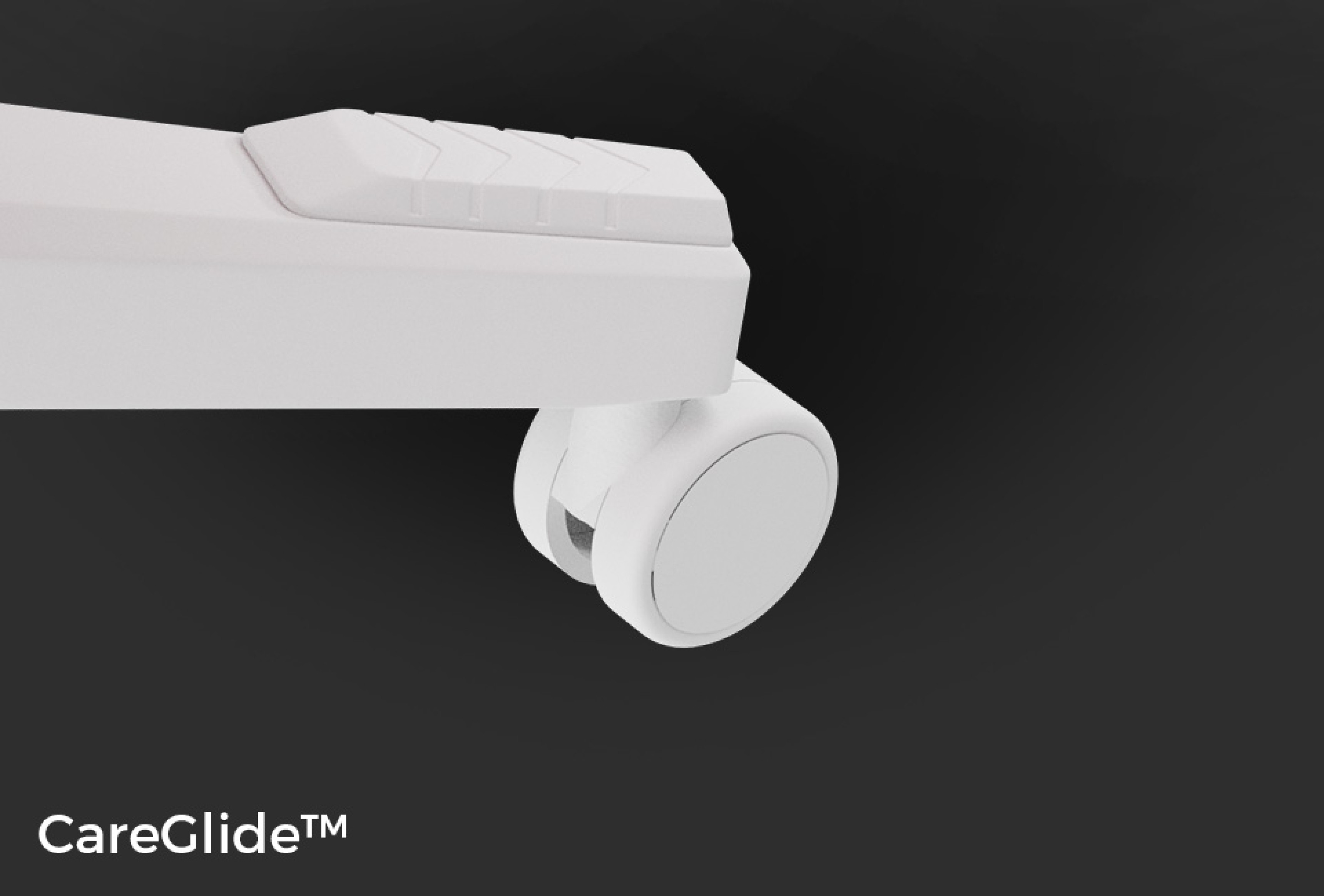 Close-up view of the white rolling caster of the Genesis Nitro 710 gaming chair, featuring CareGlide™ technology