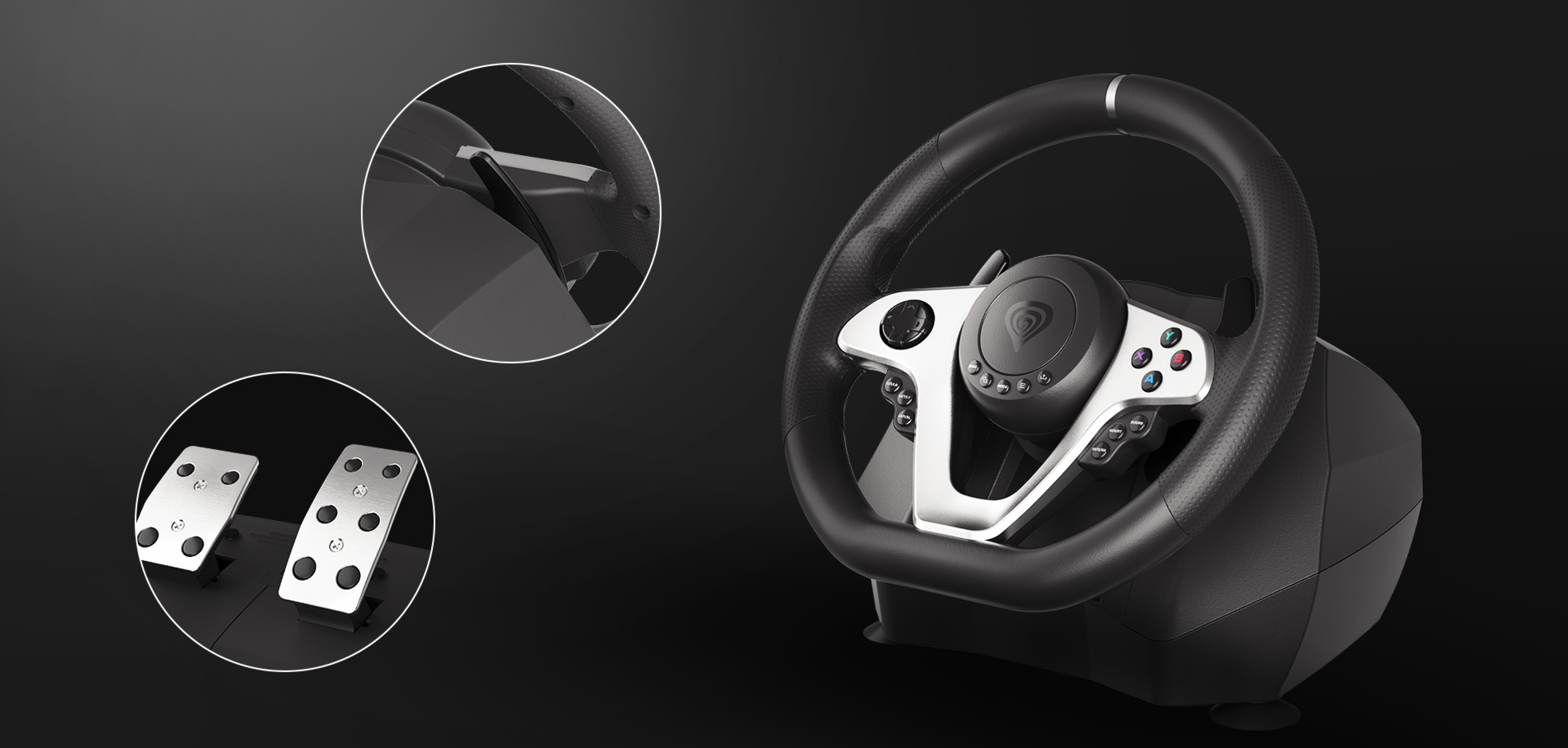 Racing wheel compatible with PC, PS3, PS4, Xbox One, Xbox 360, and Nintendo Switch, featuring pedals and control buttons