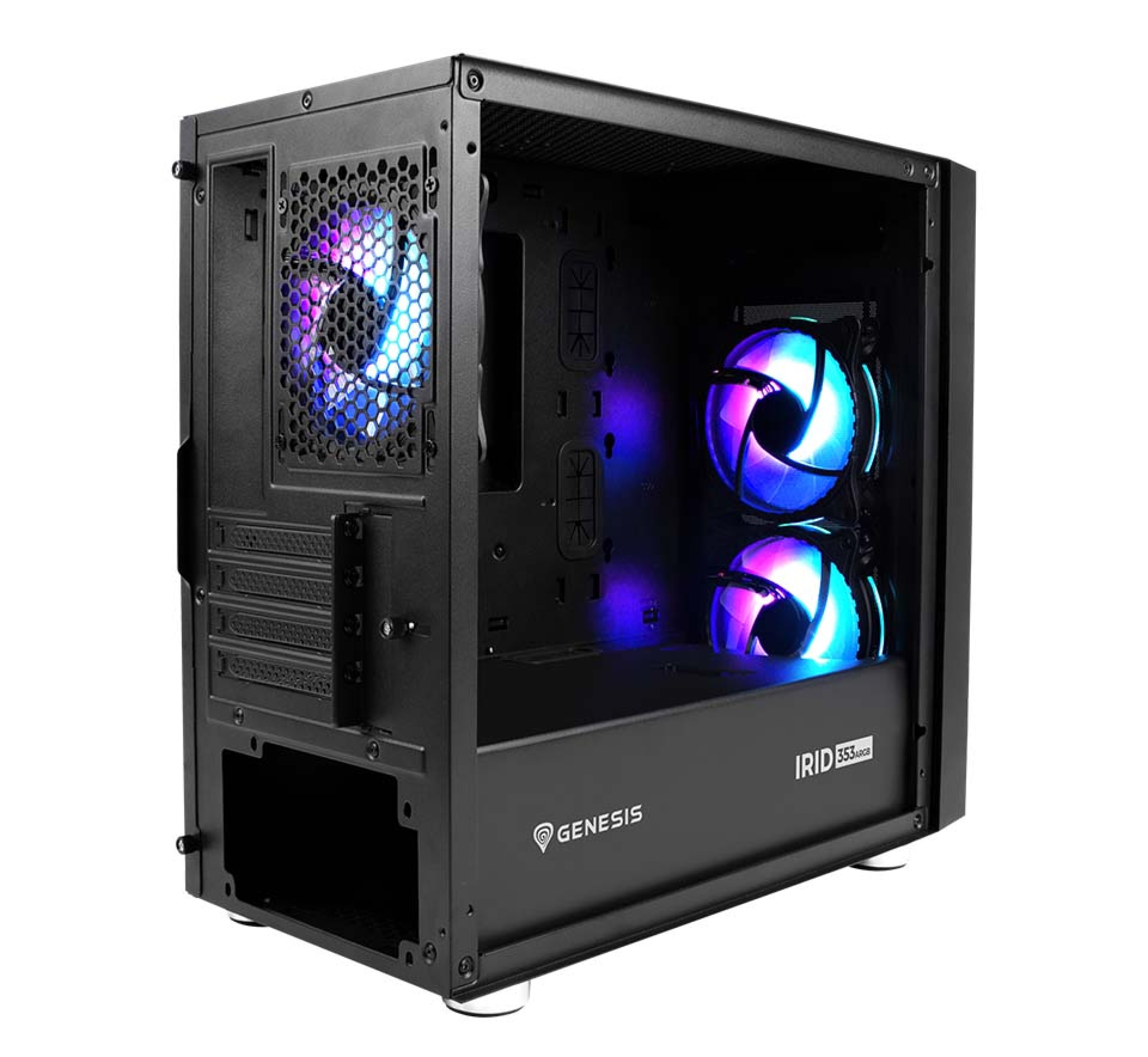 Desktop computer case with transparent side panel and colorful cooling fans inside.