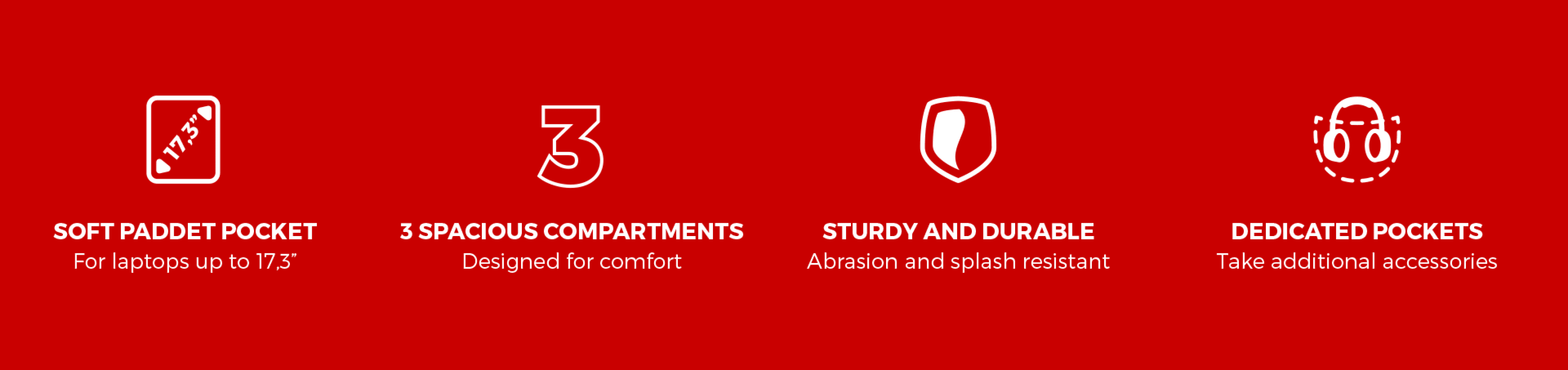 Red background with white icons indicating product features and benefits.