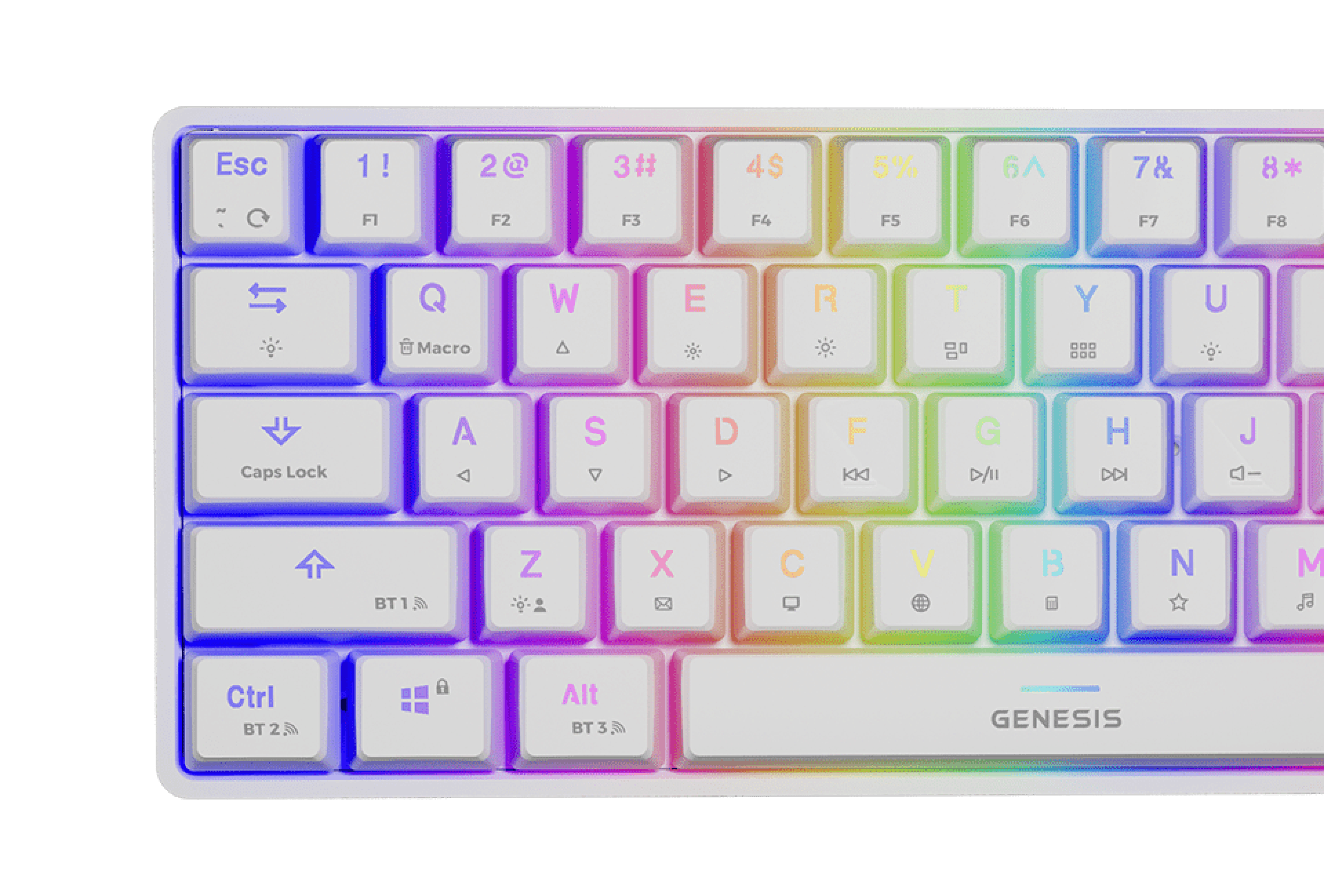Keyboard with white keys and colorful lighting effects in a vibrant gradient pattern.