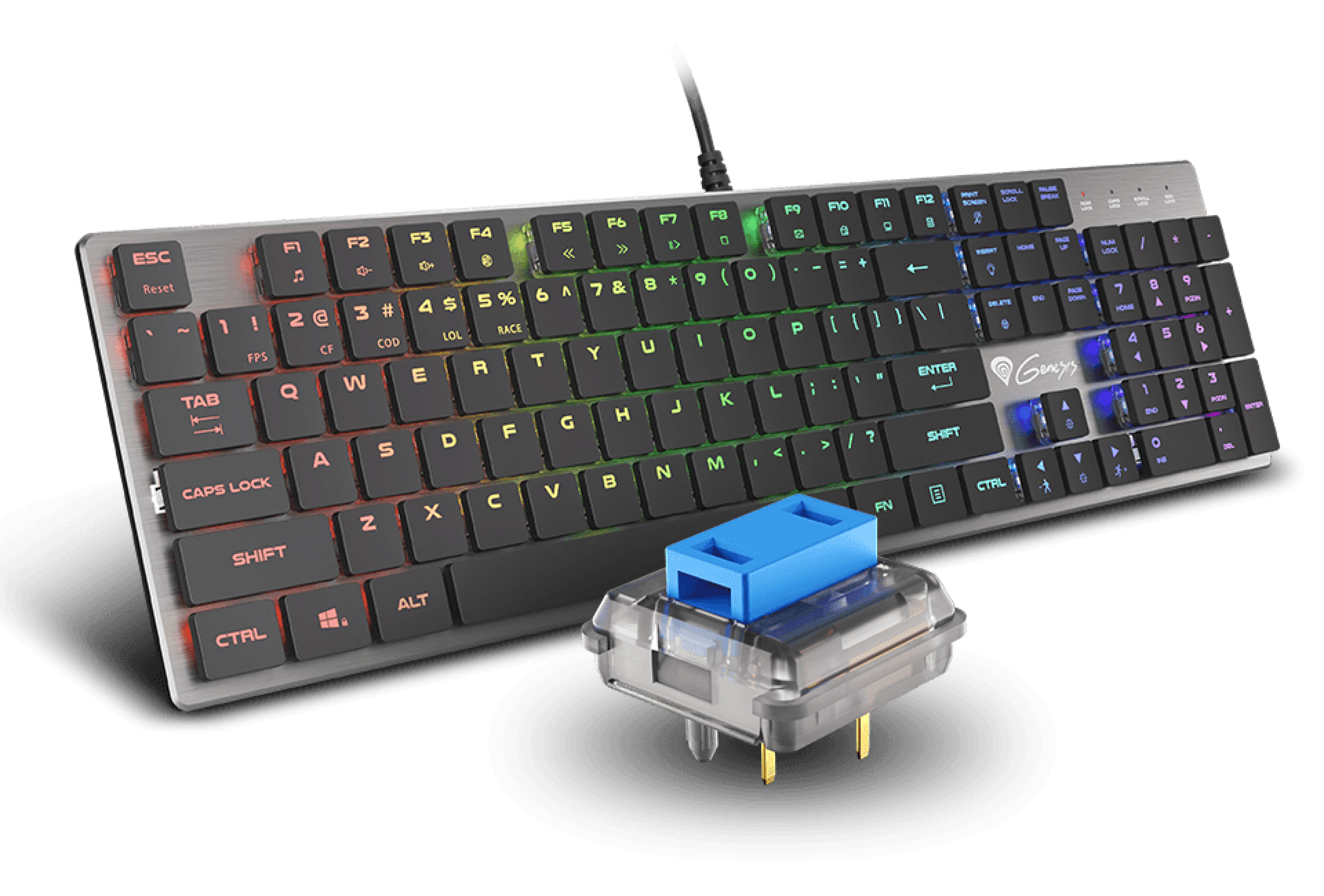 Slim RGB mechanical gaming keyboard with blue switches, featuring colorful backlighting and a detachable key switch