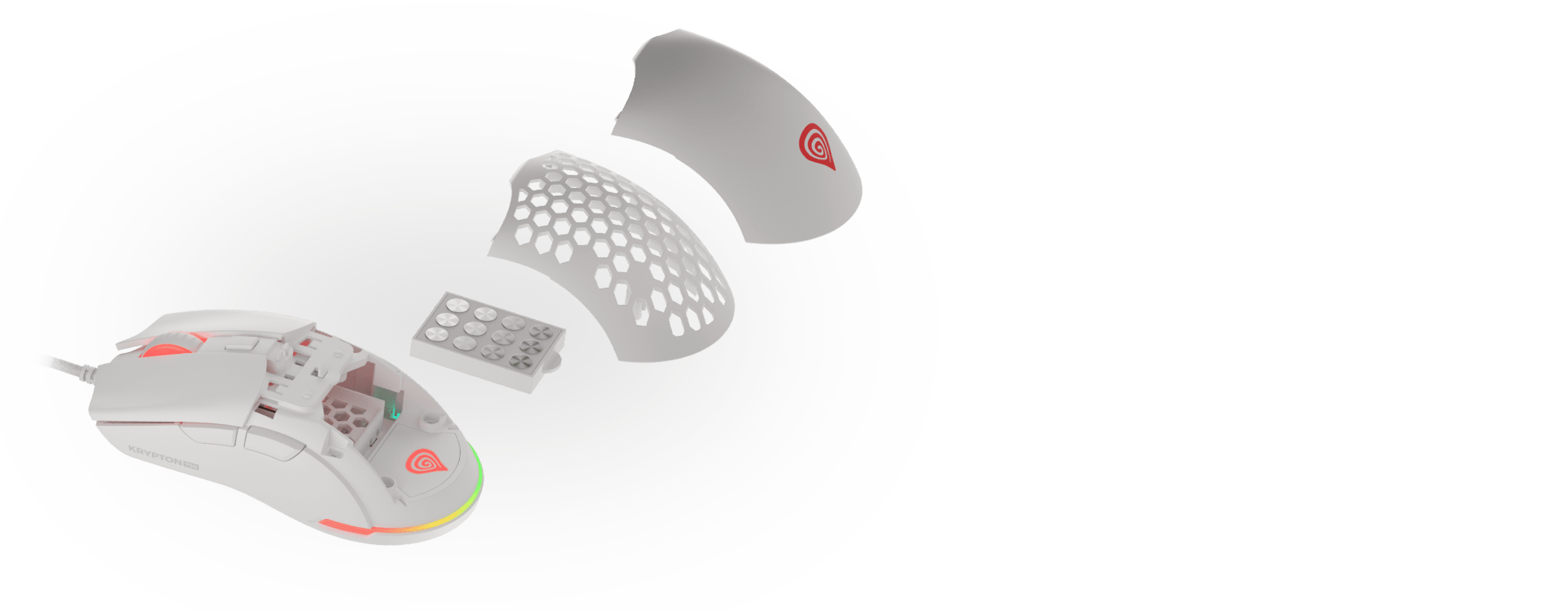 Lightweight white gaming mouse with customizable RGB lighting and interchangeable parts, featuring an 8000 DPI sensor