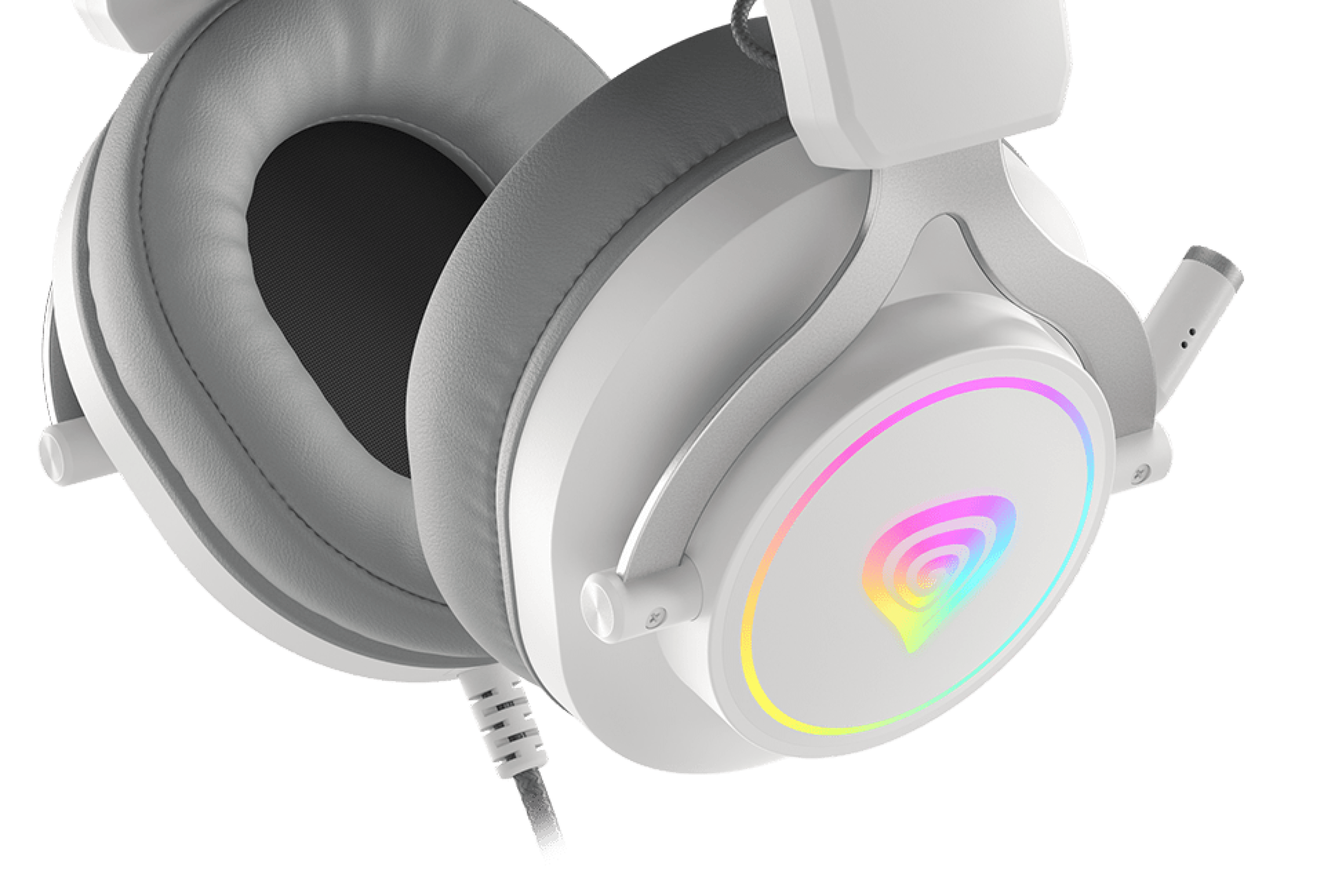 Headphones with a white design and a glowing multicolor light on the ear cup.