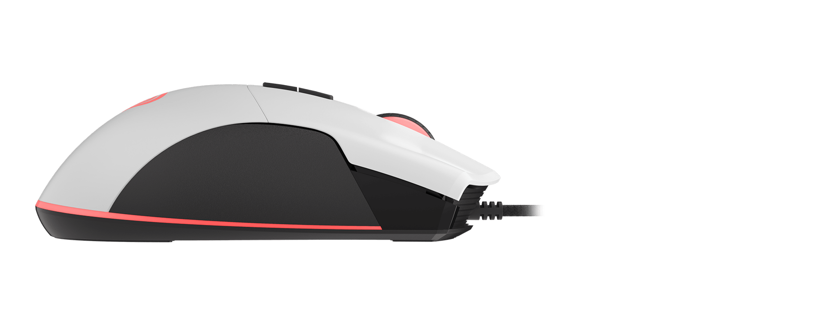 Side view of the Genesis Krypton 290 gaming mouse in black and white, featuring RGB lighting and a wired connection