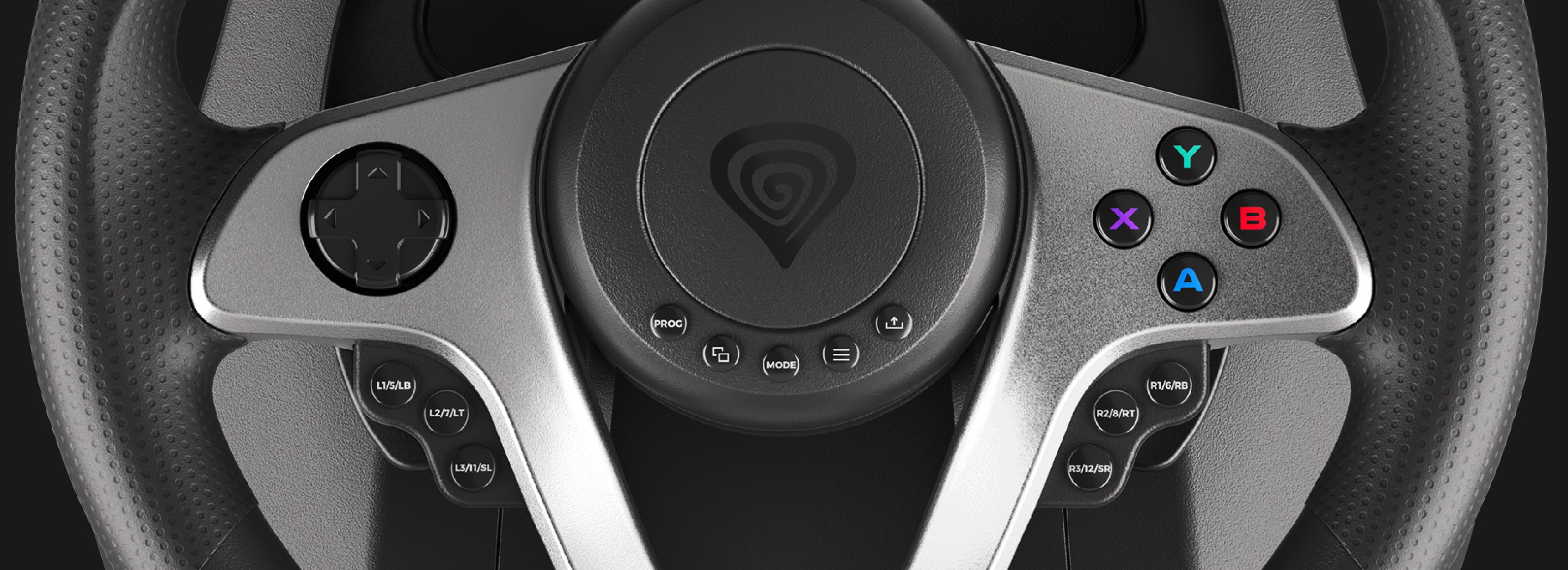 Racing wheel with a central logo, buttons, and a game controller layout, compatible with multiple consoles