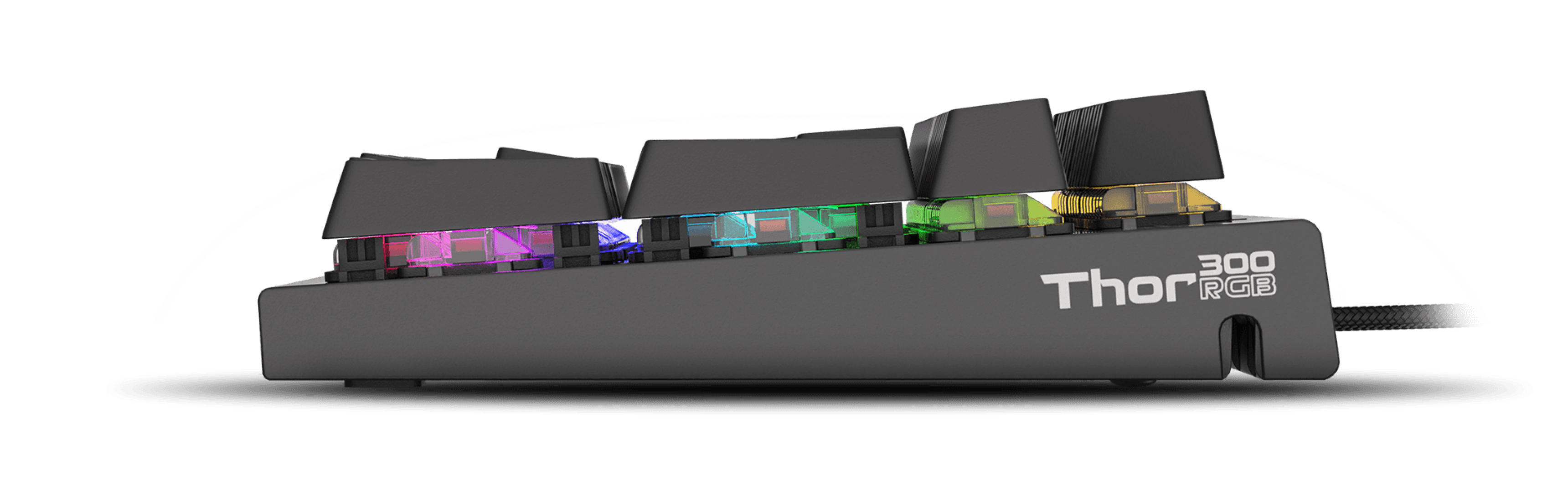 Keyboard with multiple colorful backlight keys and a sleek design on one side.