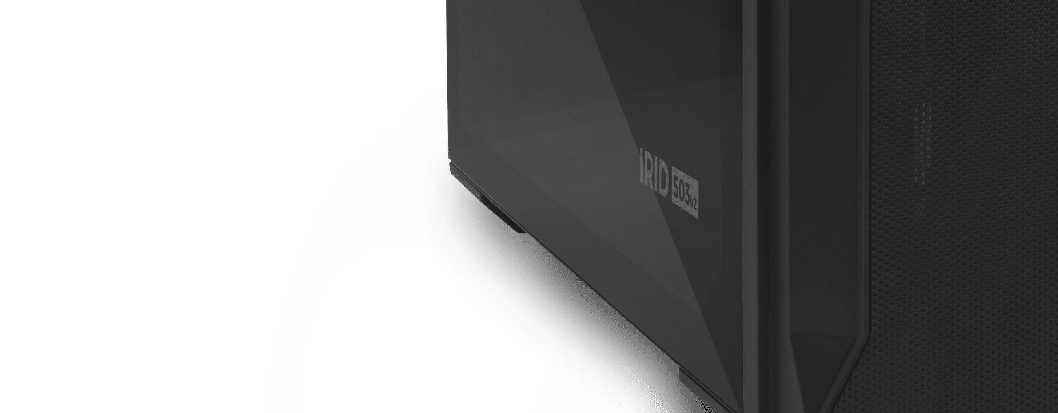 Black Genesis Irid 503 V2 MATX mini tower case with a transparent side panel, showcasing modern design elements