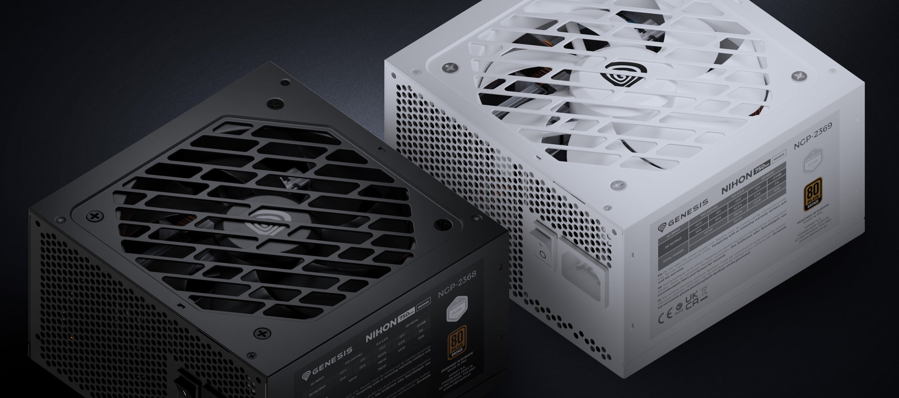 Two power supply units in black and white, each with a fan and ventilation grilles.