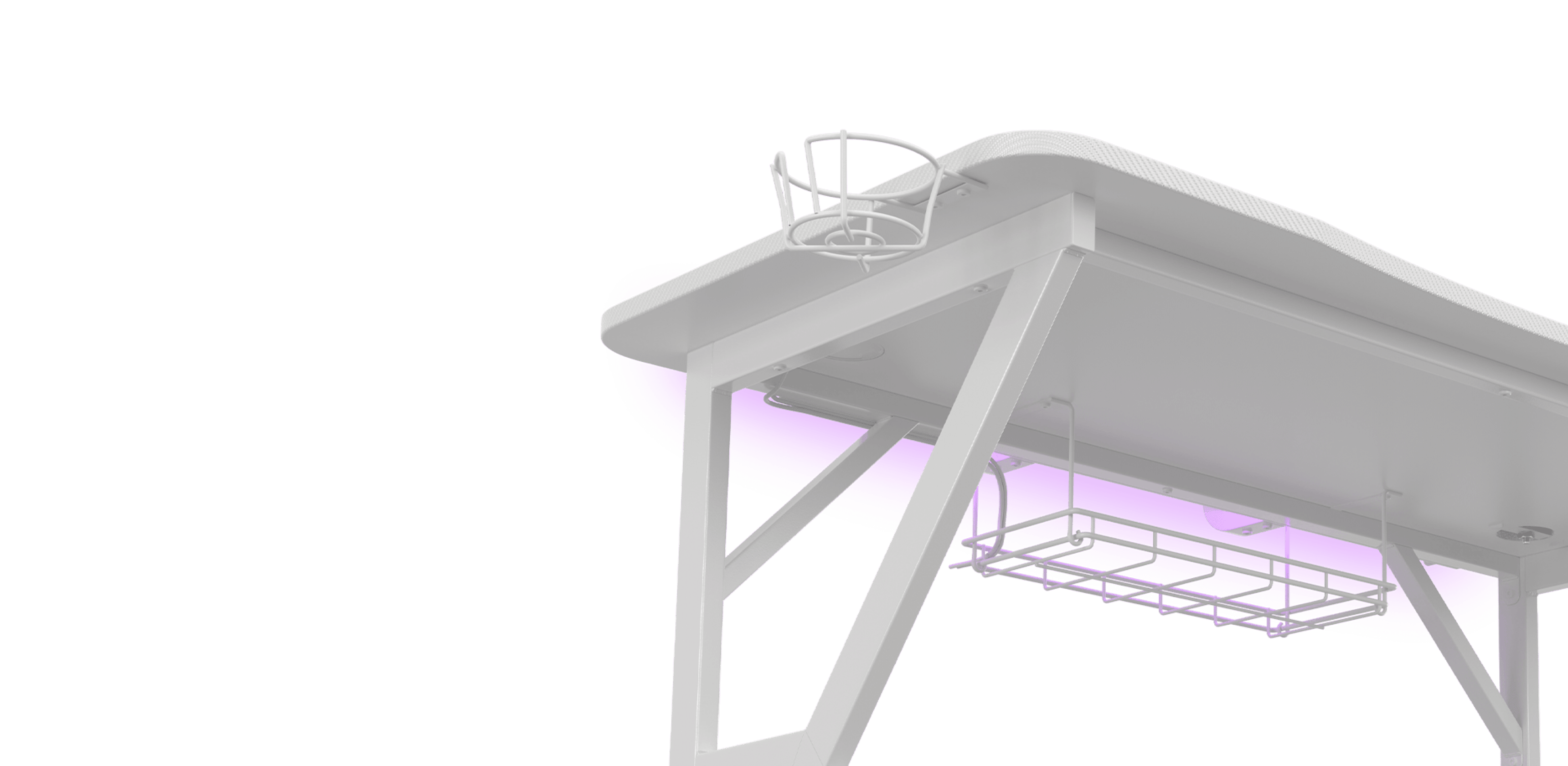 Gaming desk Genesis Holm 320 RGB in white, featuring a stylish design with RGB lighting and accessory storage