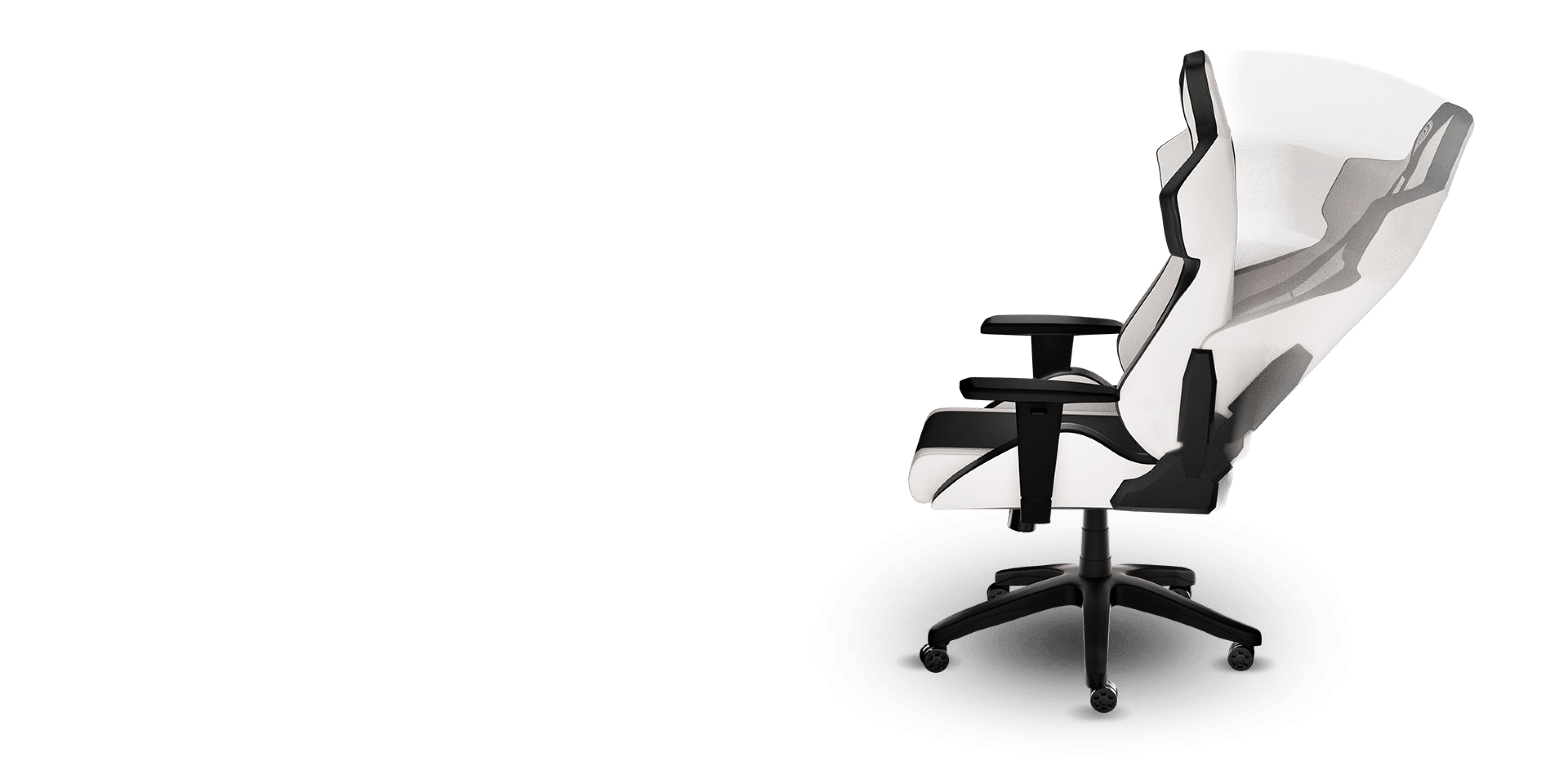 Ergonomic office chair with a high backrest and adjustable armrests on a rolling base.