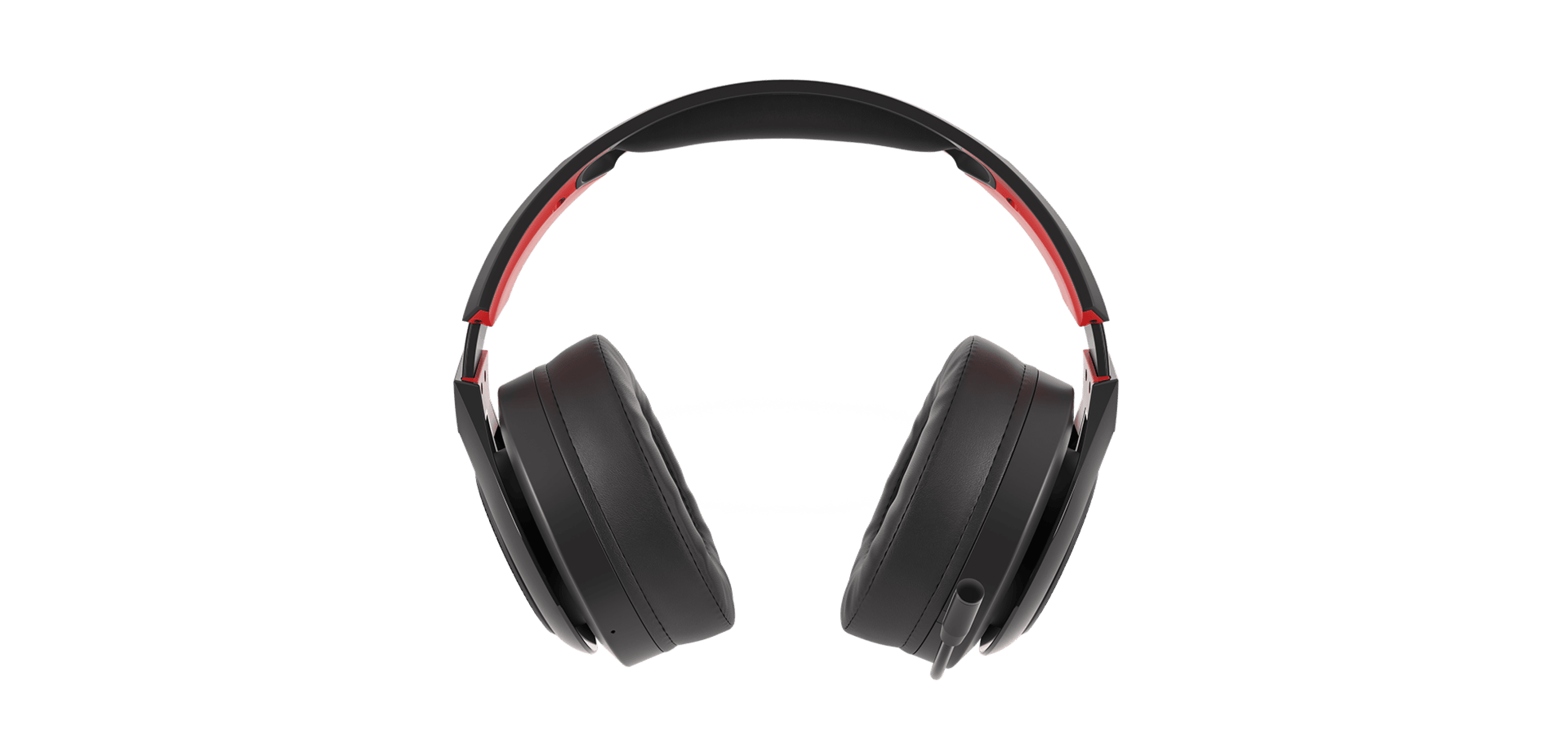 Black and red wireless over-ear headphones with a microphone